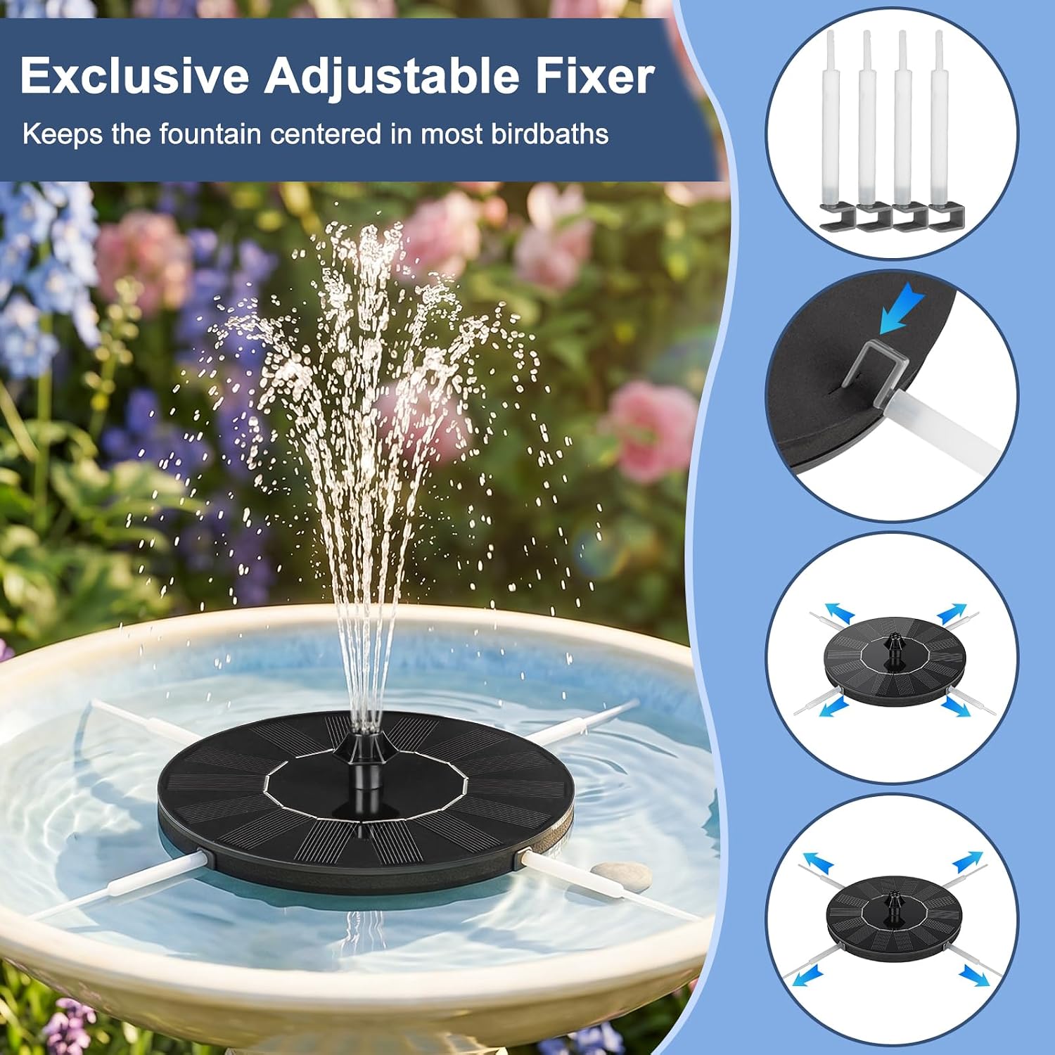 Mademax Solar Bird Bath Fountains, Upgrade 1.4W Solar Fountain Pump with 8 Nozzles & 4 Brackets, Free Standing Floating Solar Powered Water Fountain Pump for Bird Bath, Garden, Pond, Pool, Outdoor - Image 3