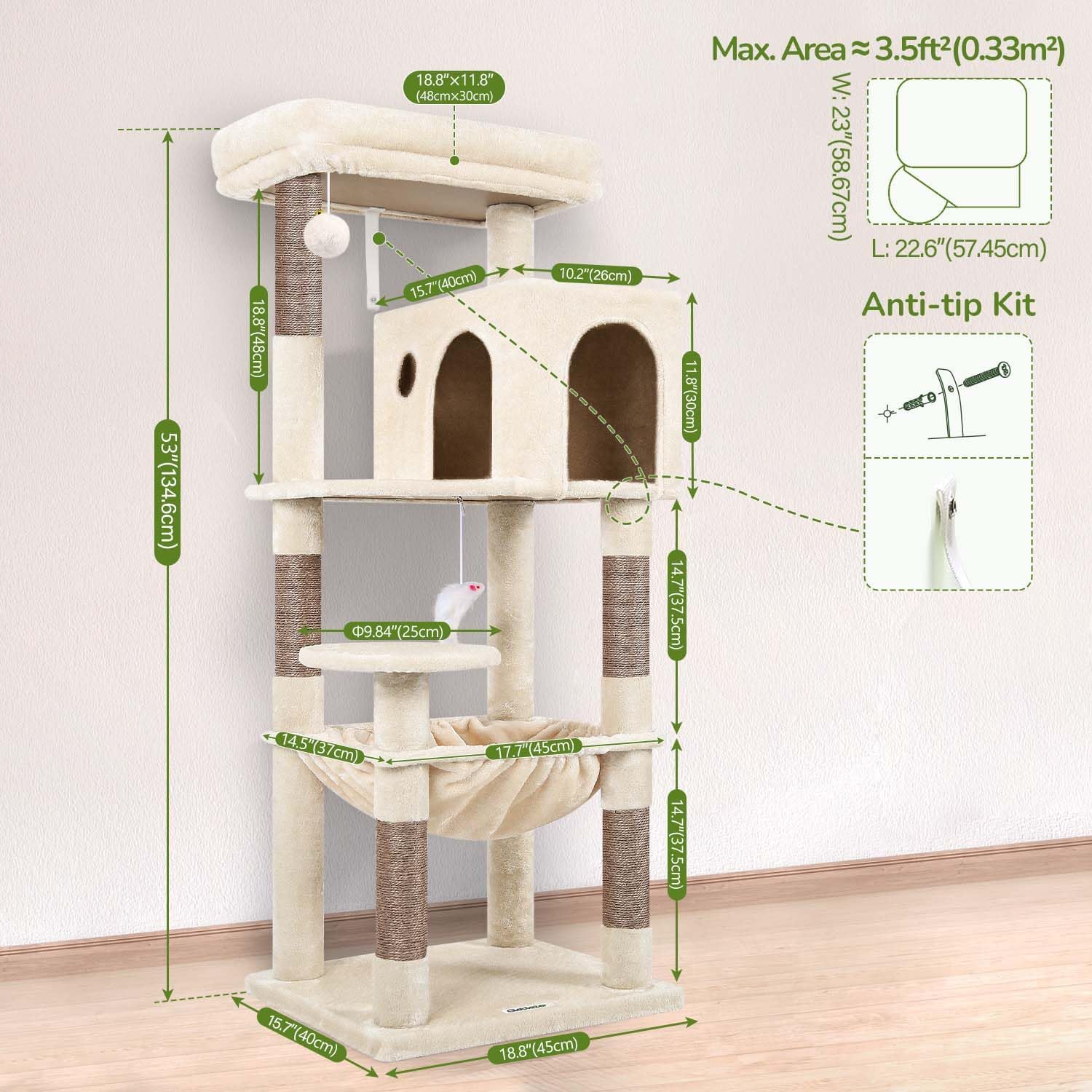 Globlazer Cat Tree Tower with Scratching Post for Indoor Cats, 53inch Tall Plush Multi-Level Cat Climbing Tower Condo House with Large Hammock, Spacious Cat Cave, Big Padded Top Perch Bed, F53, Beige - Image 6