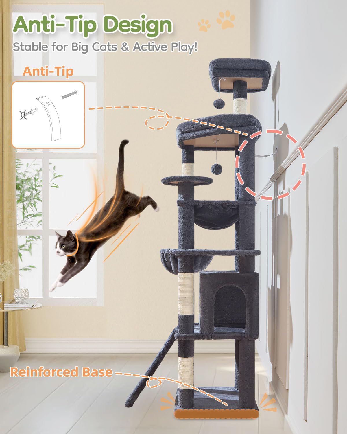 Taoqimiao 72 Inches Cat Tree for Large Cats, Multi-Level Tall Cat Tower, Widened Cat Condo with Large Scratch Board, 5 Scratching Posts, Metal Hammcock, Cozy Basket, Smoky Gray, MS045G - Image 8