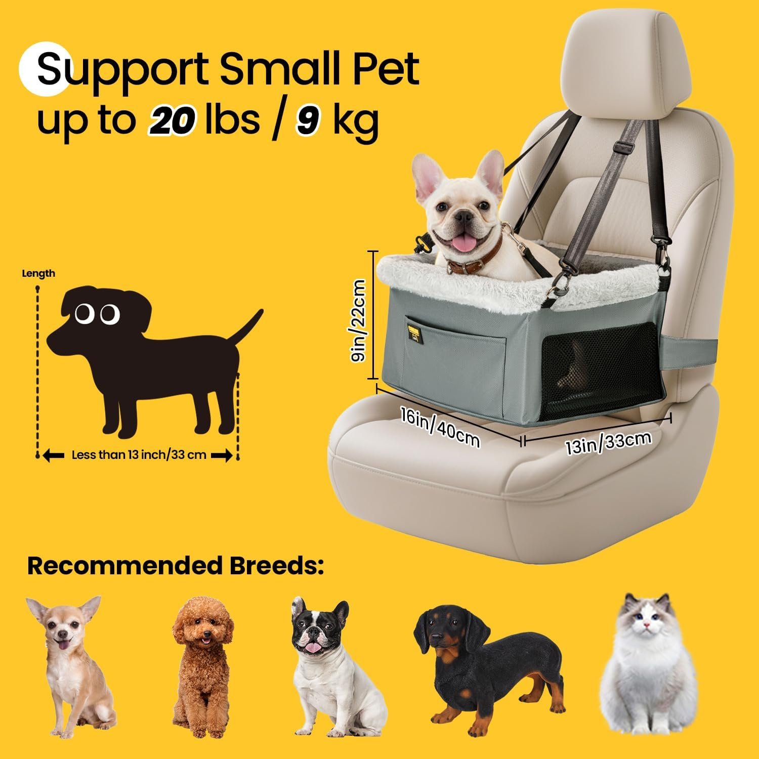Conlun Dog Car Seat Booster | Steel Frame Anti-Collapse | Small Pet | Grey | Heavy-duty Oxford | Rigid Skeleton Stops Wobbling | Leash Prevents Escapes | Elevated Pet Booster for Calm Car Trips - Image 2