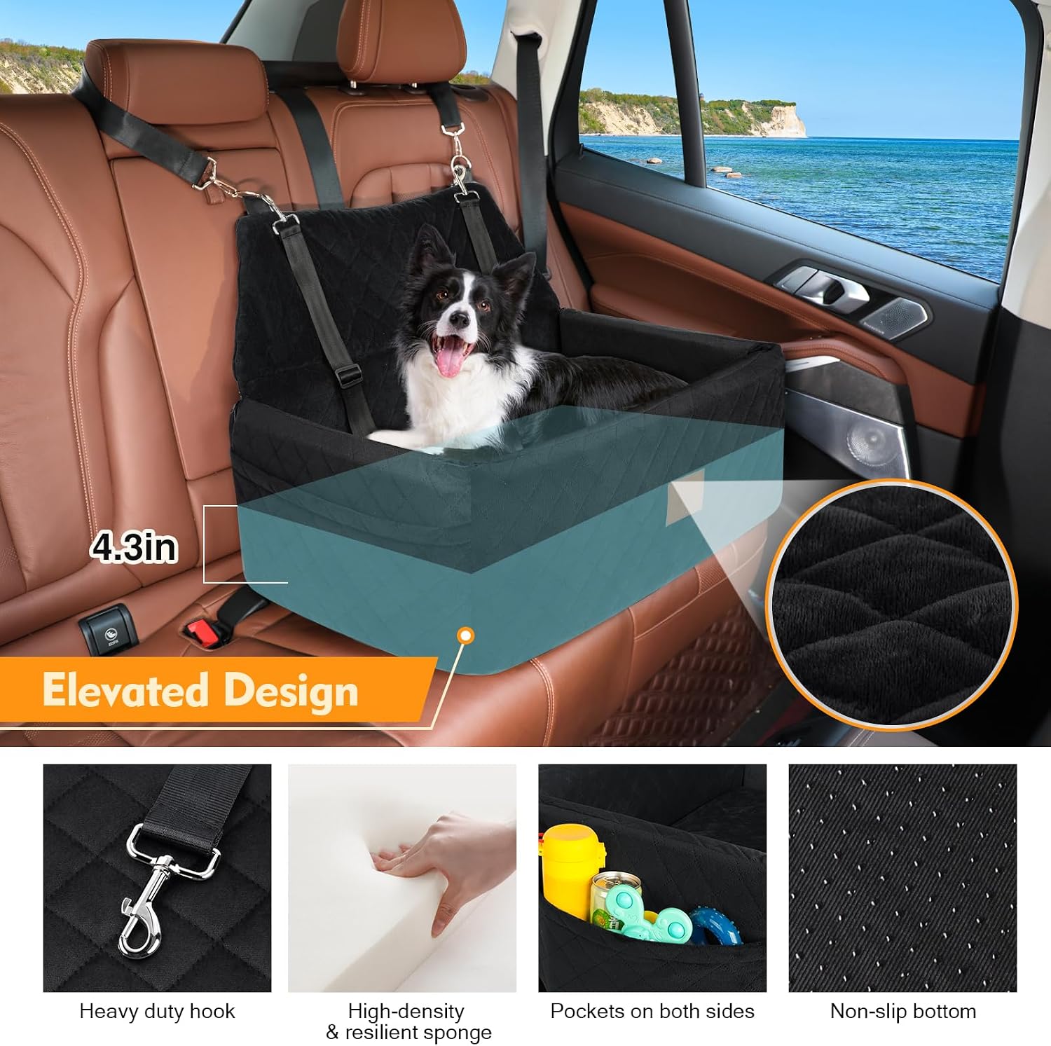 NEEZUKAR Dog Car Seat for Large Medium Dogs,Portable Washable Pet Car Seat Under 55 lbs,Dog Booster Seat with Thick Cushion,2 Safety Leashes Travel Car Dog Bed - Image 3