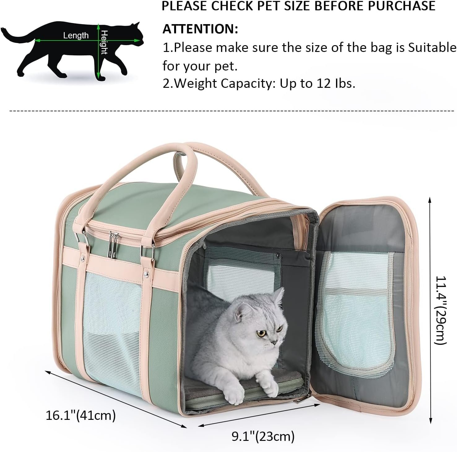 Luxury Mint Green PU Leather Pet Carrier Bag, Airline Compliant Portable Travel Crate with Breathable Mesh Panels & Shoulder Strap for Cats Small Dogs Travel & Vet Use - Image 4