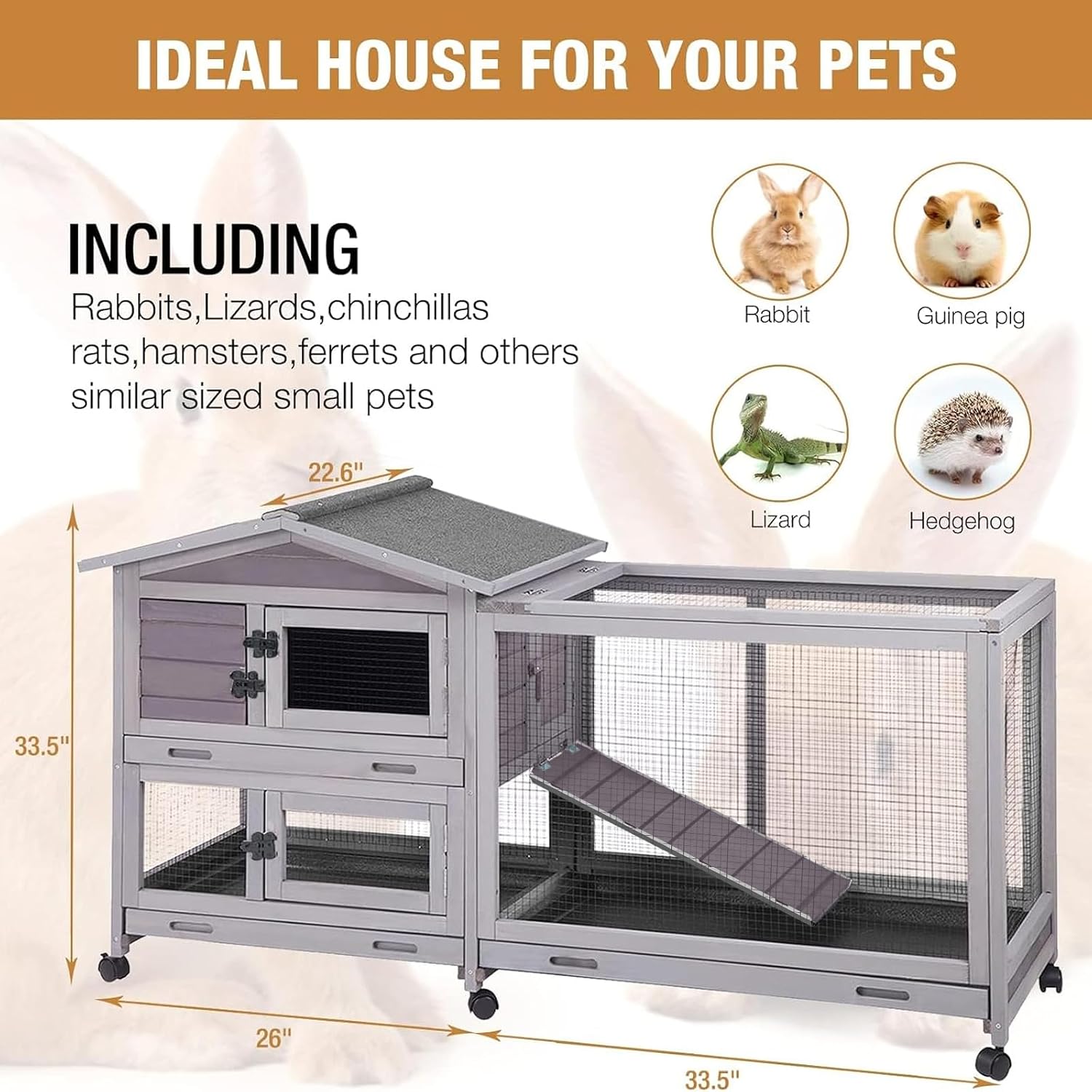Bunny Cage Indoor and Outdoor Rabbit Hutch with Casters Waterproof Roof, Pull Out Tray from Back and Front 61.2" L x 22.6" W x 33.5" H - Image 6