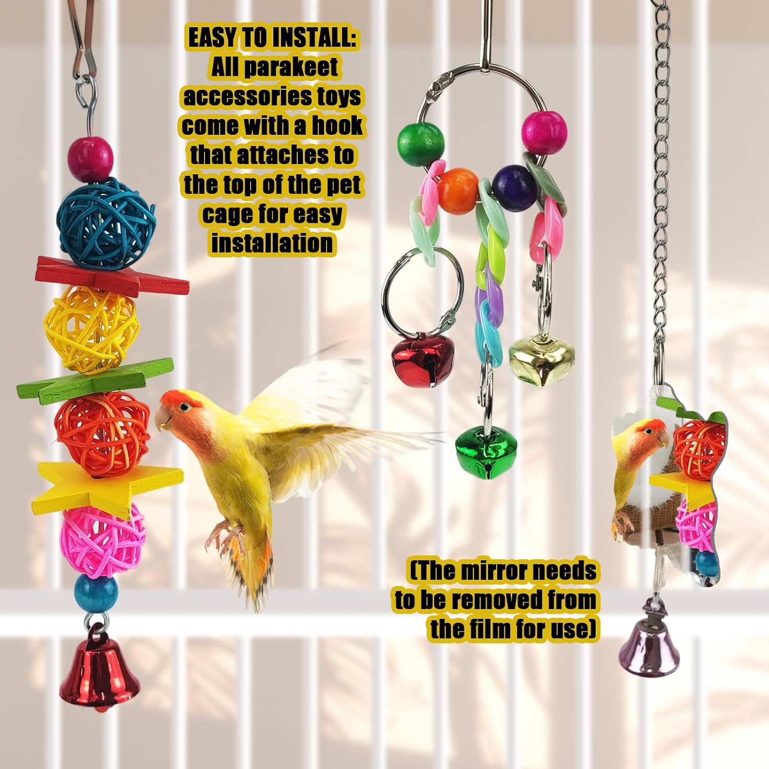Parakeet Toys,7 Pcs Colorful Bird Toys for Parakeets,Pet Bird Cage Hammock Swing Climbing Ladders Chewing Toy Mirror Hanging Bell Wooden Perch for Budgerigar,Conures, Love Birds,etc - Image 5