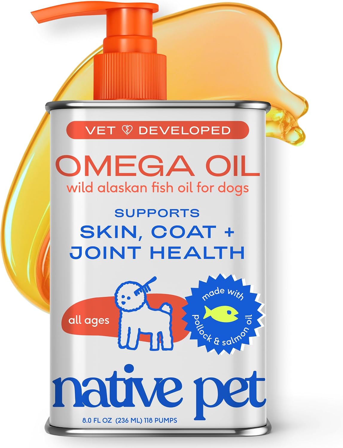 Native Pet Omega 3 Fish Oil for Dogs & Cats – Wild Alaskan Salmon Oil for Dogs Skin and Coat, Supports Joints, Heart & Shedding – Fast-Absorbing Omega 3 6 9 Liquid Supplement – 8oz