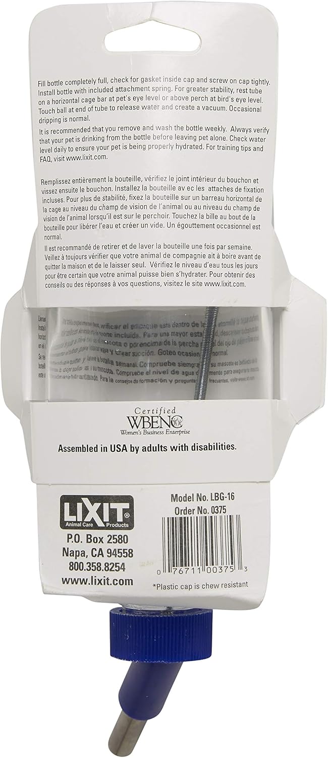 Lixit Glass Water Bottles for Small Animals and Birds (16oz), Clear (COMINHKR016337) - Image 3