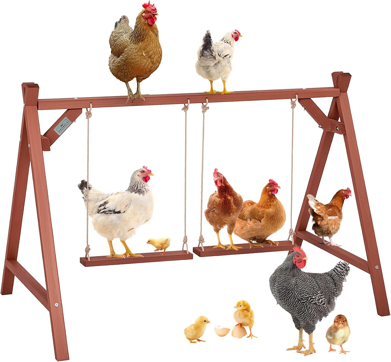 PETSFIT Wooden Solid Chicken Perch & Roosting Bars with 2 Swings, 50"x30"x34" Coop Toy for 6–8 Hens, Multi-Level Stand Encourages Exercise & Natural Behavior, Easy to Assemble & Clean,Outdoor Use