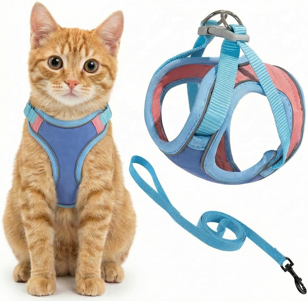 Cat Harness and Leash, Escape-Proof Cat Harness Set, Adjustable Step-in Pet Harness for Walking for Small Medium Dogs/Cats (Blue, M)