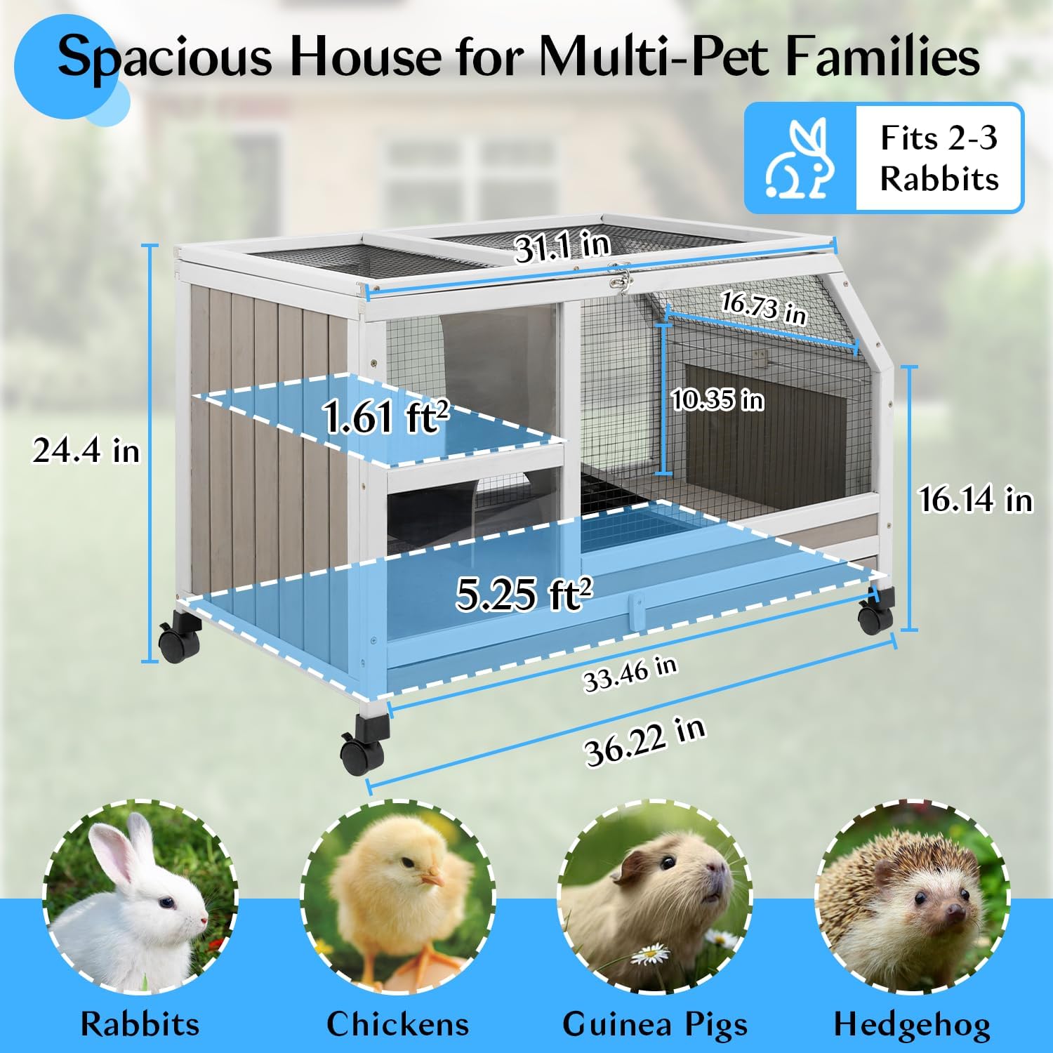36''L Rabbit Hutch Outdoor with Casters and Run, Wooden Indoor 2 Story Guinea Pig Cage with Divider Panel, Pull Out Tray, Rabbit Duck Bunny House for Small to Medium Animals and Pet Lover, Gray - Image 2