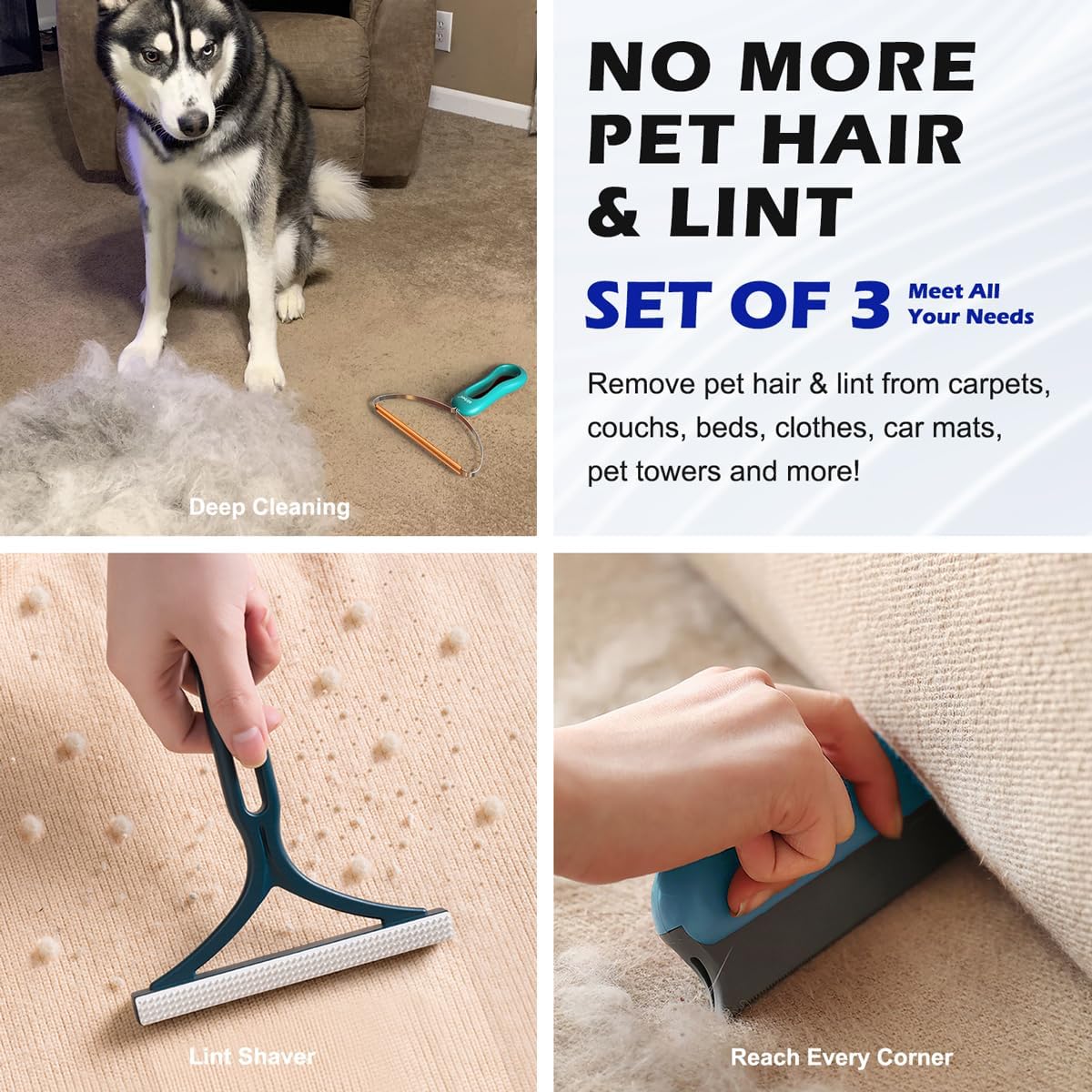 Pet Hair Remover 3-Pack, Dog Cat Hair Remover, Lint Shaver Cleaner Pro, Fur Removal Tool, Portable Carpet Scraper, Fuzz Rollers Hairball Brush for Carpets, Clothes, Car Mats, Couch, Pet Bed, Furniture - Image 5