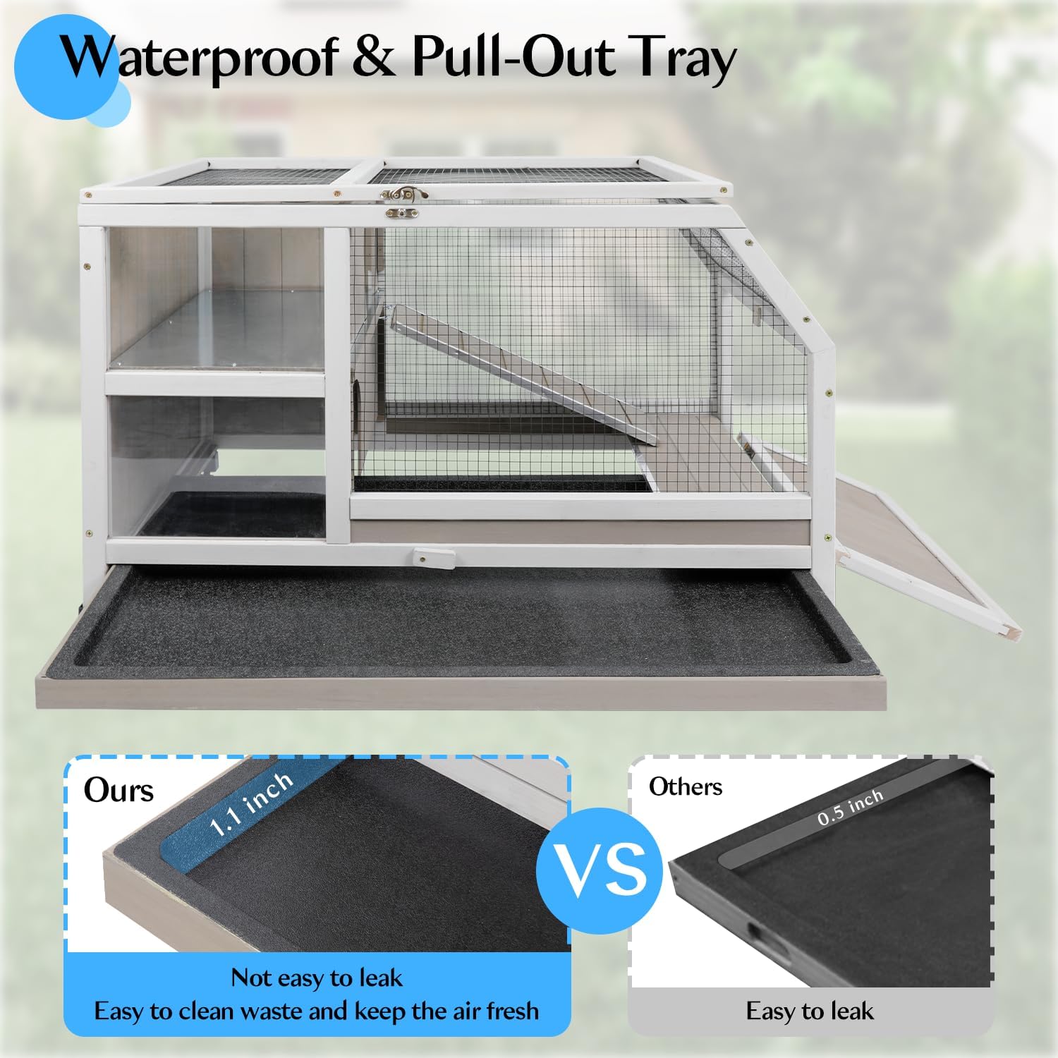 36''L Rabbit Hutch Outdoor with Casters and Run, Wooden Indoor 2 Story Guinea Pig Cage with Divider Panel, Pull Out Tray, Rabbit Duck Bunny House for Small to Medium Animals and Pet Lover, Gray - Image 6