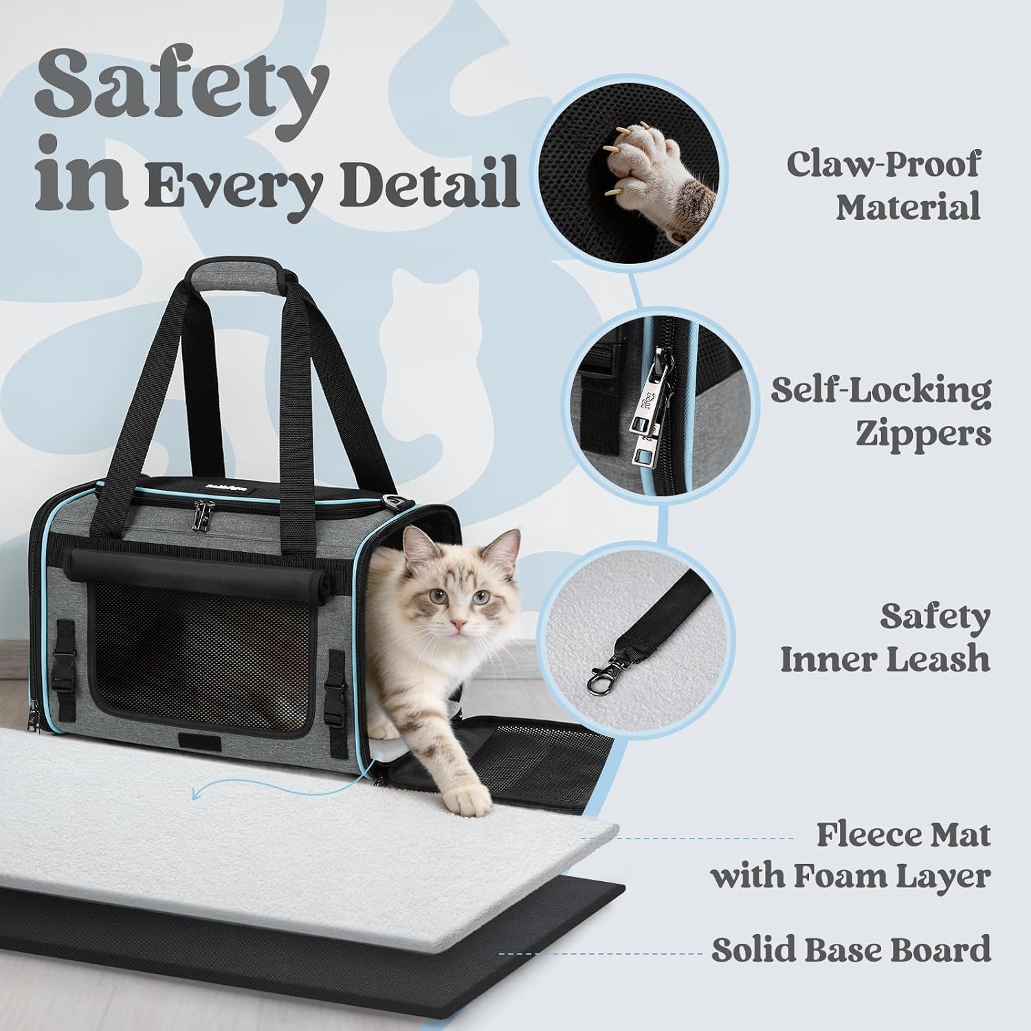 rabbitgoo Cat Carrier Soft with Rollable Flap, Travel Safe for Car Airline | Comfortable for Anxious Kittens, Collapsible Portable Carrying Bag, Small Medium Cats, Escape Proof, Grey, 17"Lx11"Wx11"H - Image 3