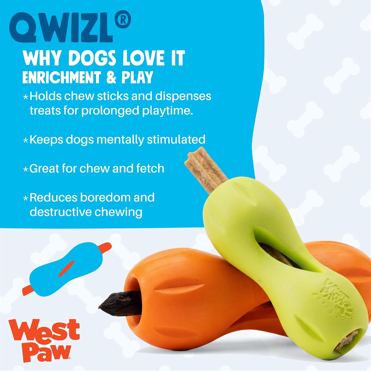 WEST PAW Qwizl Durable Zogoflex Dog Puzzle Toy for Mental Stimulation, and Enrichment - Treat Dispensing for Bully Sticks and Dental Sticks - Dishwasher Safe - Made in USA - Large - Aqua - Image 2