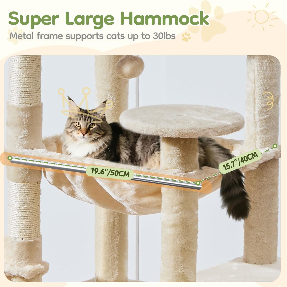 Taoqimiao 72 Inches Cat Tree for Large Cats, Multi-Level Tall Cat Tower, Widened Cat Condo with Large Scratch Board, 5 Scratching Posts, Metal Hammcock, Cozy Basket, Beige, MS045M - Image 5