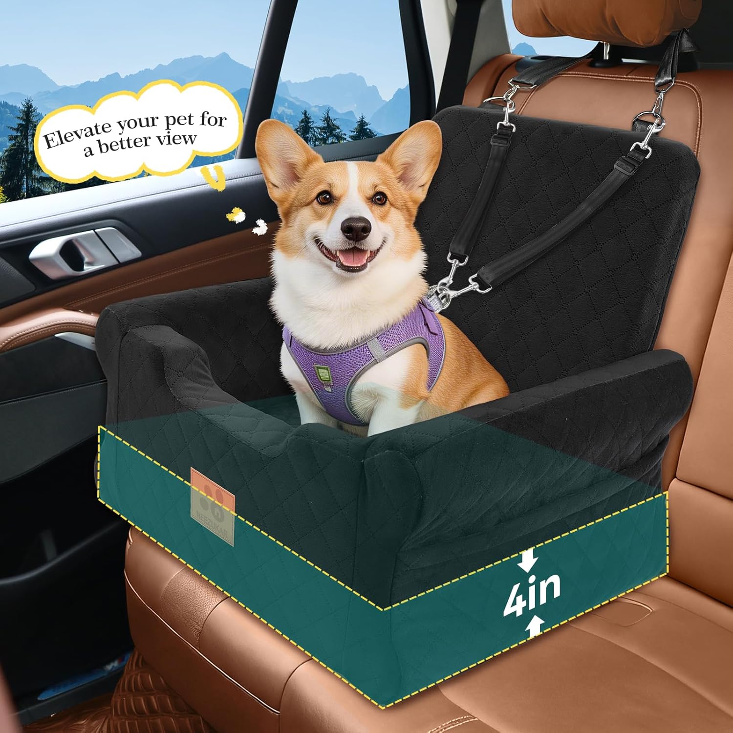 NEEZUKAR Dog Car Seats for Small/Medium Dogs, Elevated Memory Foam Dog Booster Seat, Detachable Washable Pet Car Seat with Safety Belts & Storage Pockets (Black) - Image 2