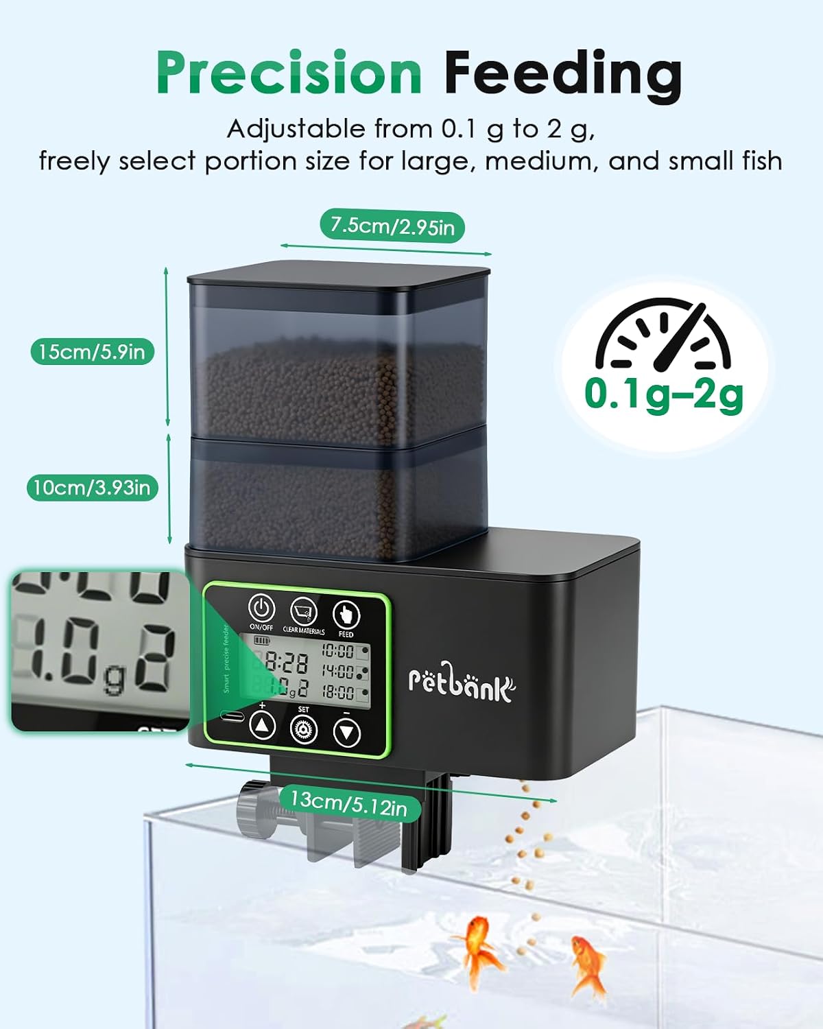 Automatic Fish Feeder for Aquarium - 0.1-2g Precise Portion Control | 230/510ML 5 Timers Rechargeable Auto Fish Food Dispenser for Vacation, Moisture-Proof, Self-Cleaning & Low-Feed Alert - Image 3