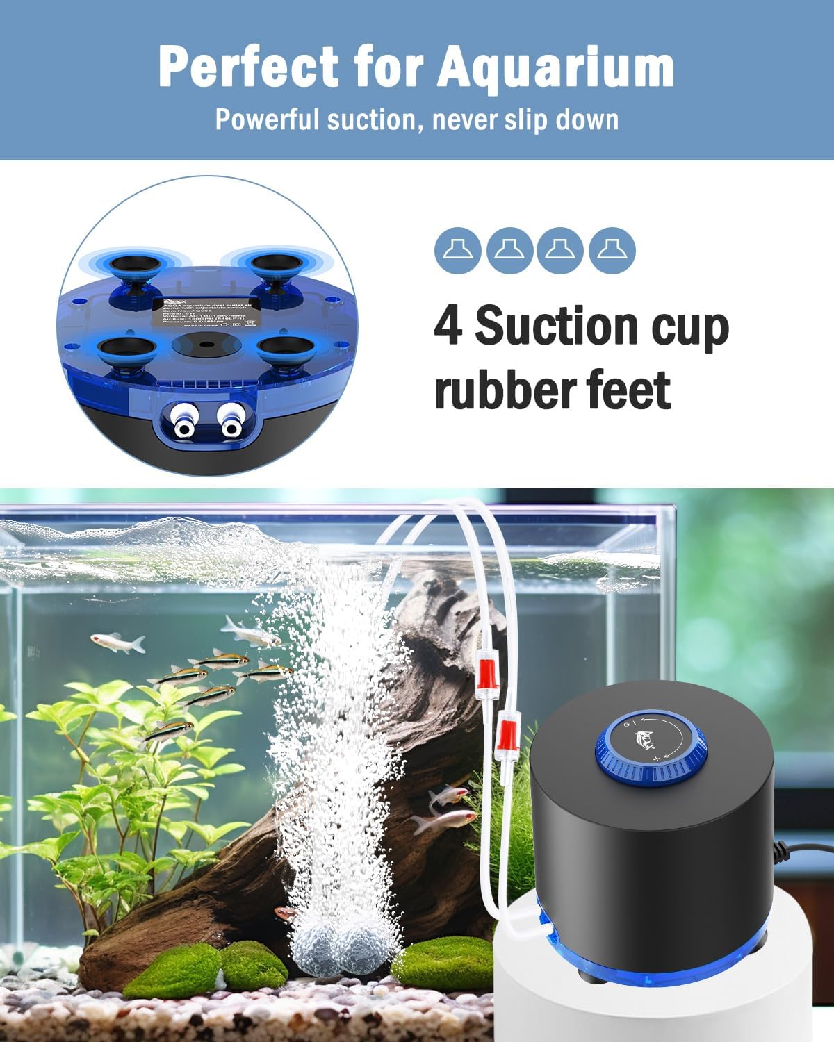 AQQA Aquarium Air Pump, 3W Powerful Dual Outlet Adjustable Oxygen Aerator | Quiet Operation, Stainless Steel Outlet Fish Air Pump, Adjustable Air Flow with Air Stone Bubbler, for Up to 80 Gallon Tank - Image 5