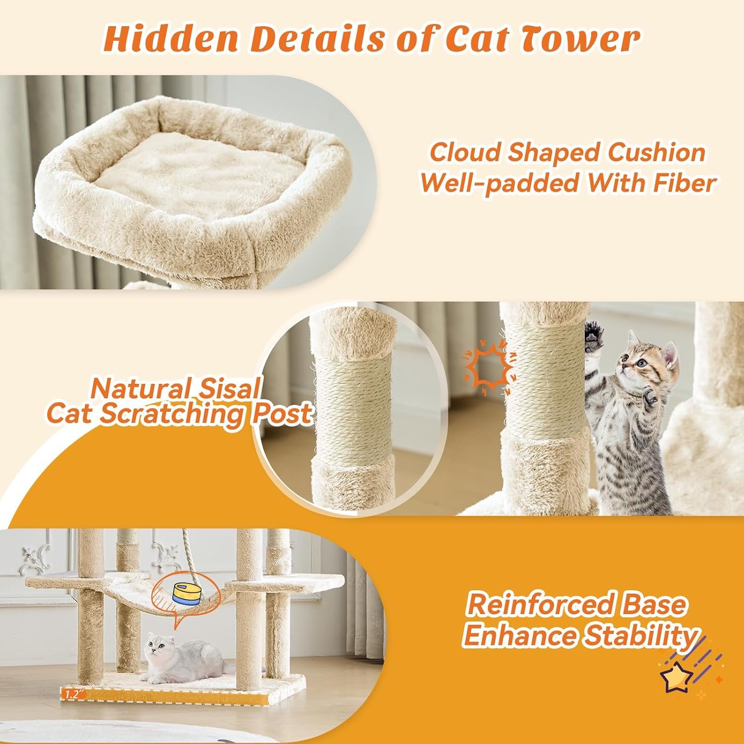 DUMOS Large 66 Inch Cat Tree Tower with Scratching Posts, Indoor Use | Tall Multi Level Cat Climbing Tower with Hammock, Pet Condo for Cats and Kittens Play, Beige - Image 3