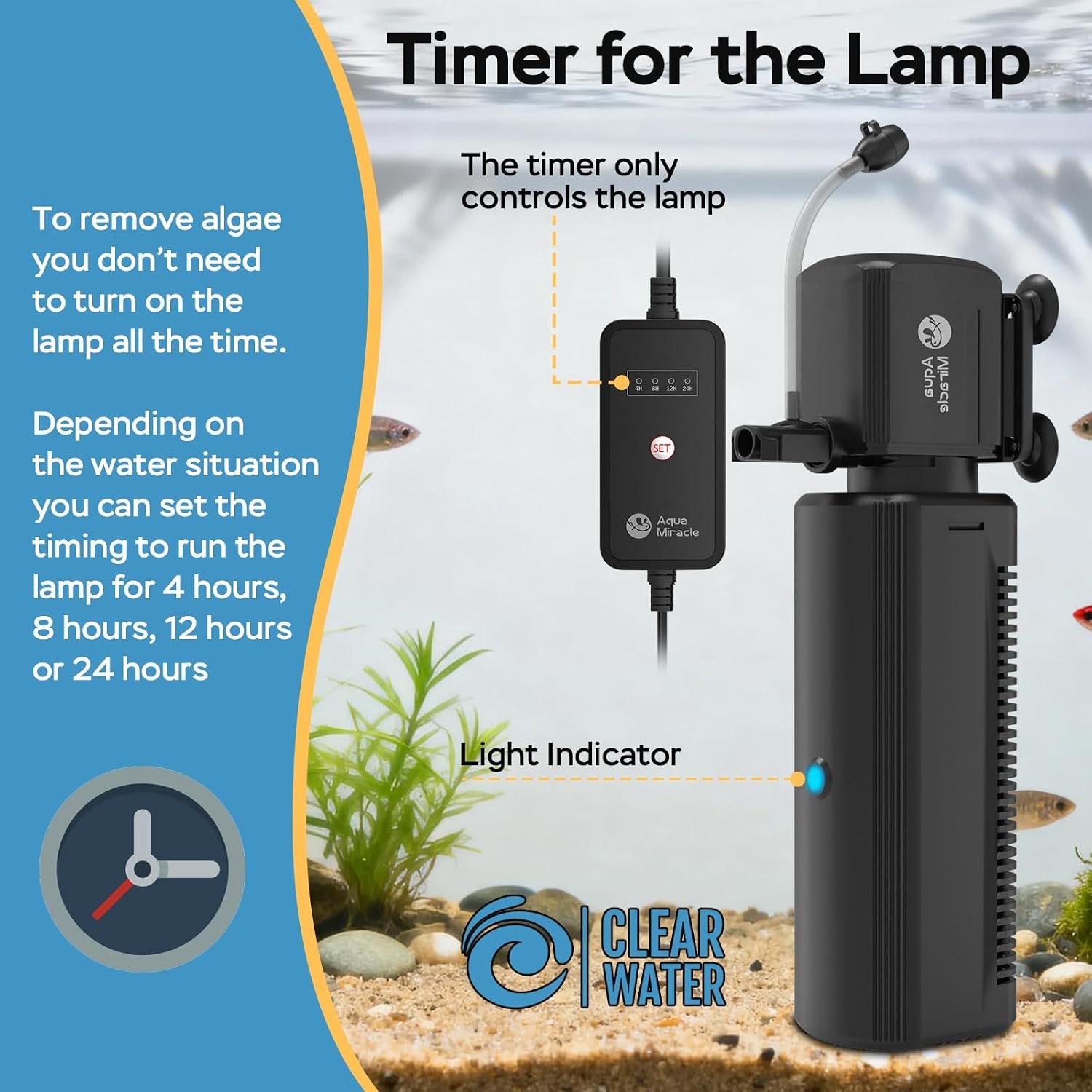 AquaMiracle Fish Tank Filter with Timer & Filter Sponge, 130GPH U - V Aquarium Filter with Aeration & Rainfall Modes, Effective Turtle Filter for Green Water Control (10-30 Gal Tank) - Image 4
