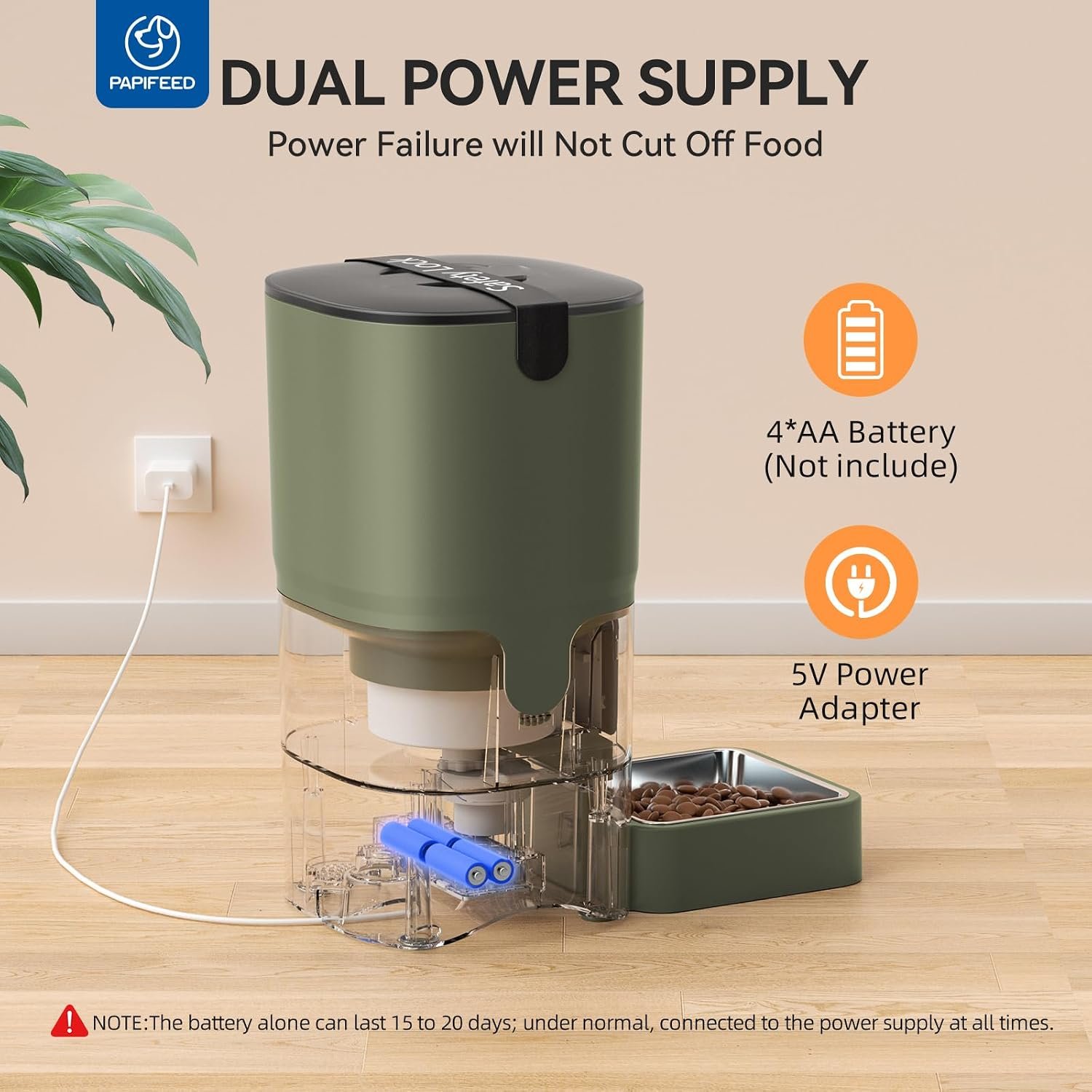 PAPIFEED Automatic Cat Feeder with App, 2.4G WiFi Cat Food Dispenser, 6L Timed Cat Feeders for Dry Food, 10 Meals/Day, 12 Portions/Meal, Dual Power Supply Smart Pet Feeder for Small Dog, Army Green - Image 4