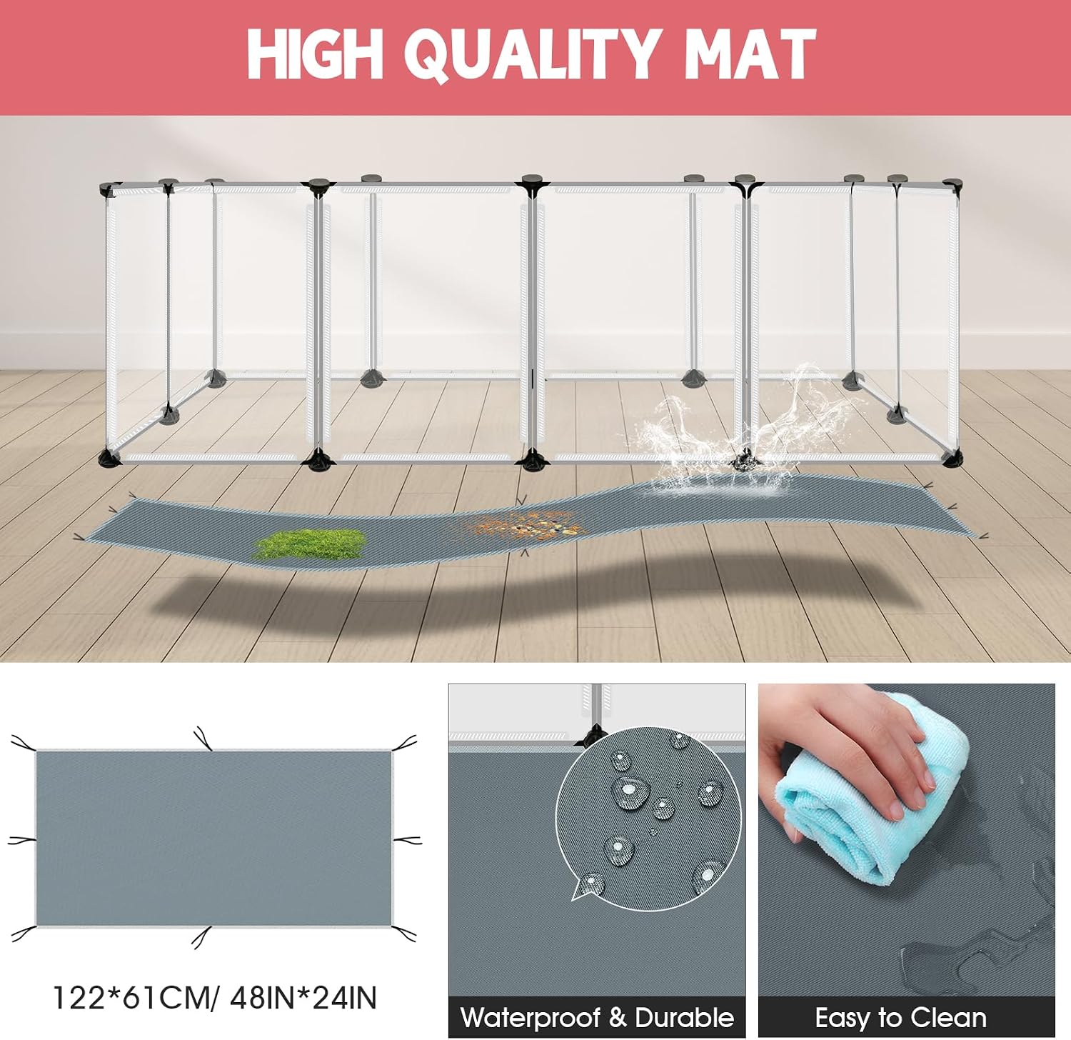 20 Panels Small Animals Playpen, 48" x 24" x 16" Transparent Pet Playpen with Waterproof Mat,Portable Plastic Enclosure Cage for Chicken/Guinea Pigs/Bunny/Ferrets/Hamsters/Hedgehogs Indoors Outdoor - Image 5