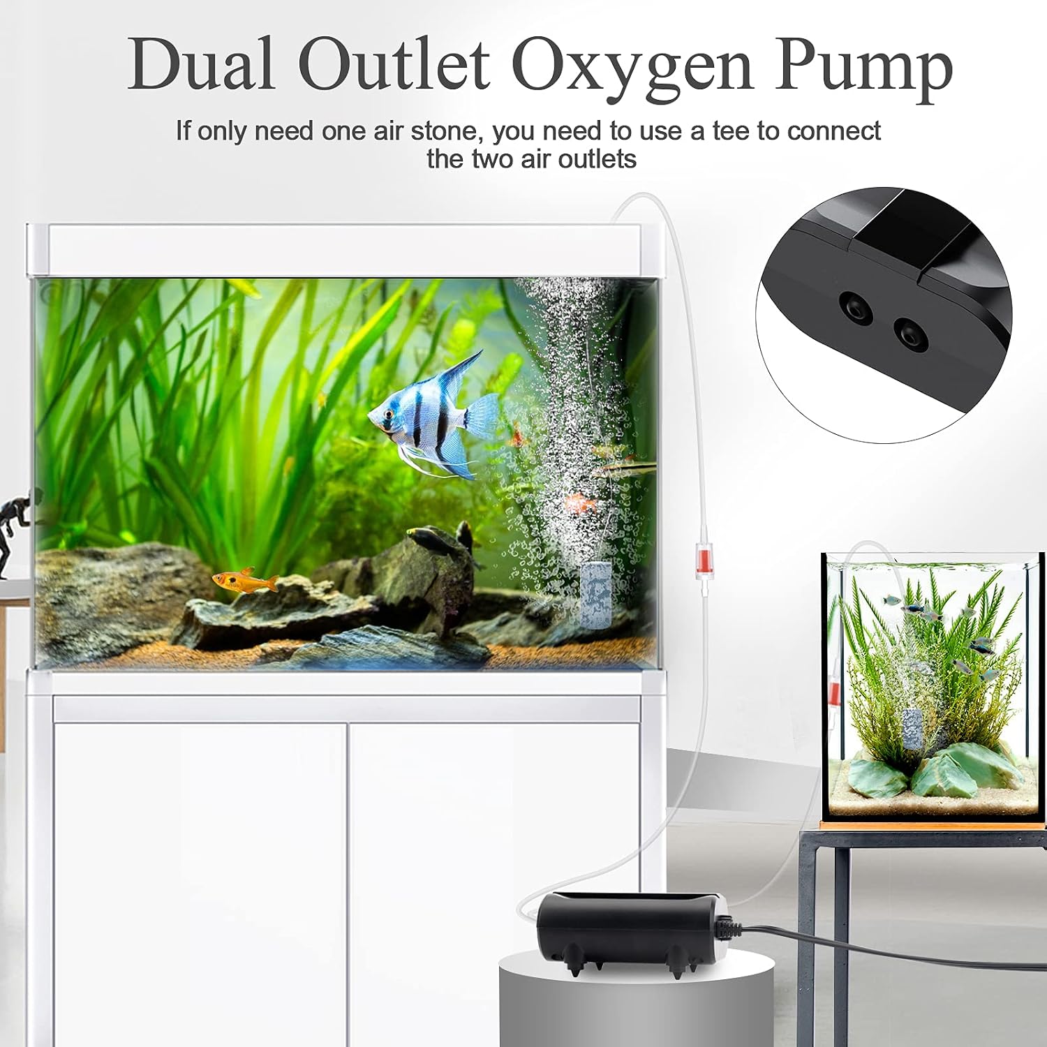 AQQA Aquarium Air Pump,3.5W 5W Dual Outlet Oxygen Pump | with 2 Air Stone,Adjustable Air Valve Quiet Bubbler Pump,Up to 160 Gallon Fish Tank (3.5w) - Image 2