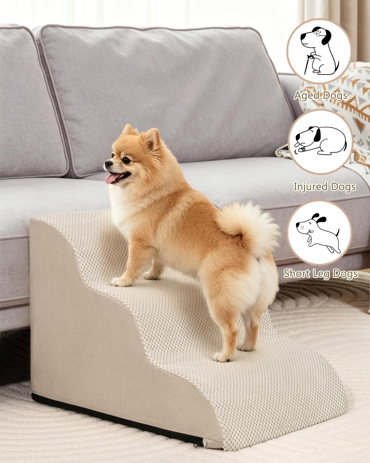 Aodisman Dog Stairs for Small Dogs,3 Step Dog Ramp for Couch,Non-Slip Steps | Pet stairs help small dogs, old cats, and puppies reach couches and chairs easily, durable indoor dog steps,15.4" H,Beige - Image 3