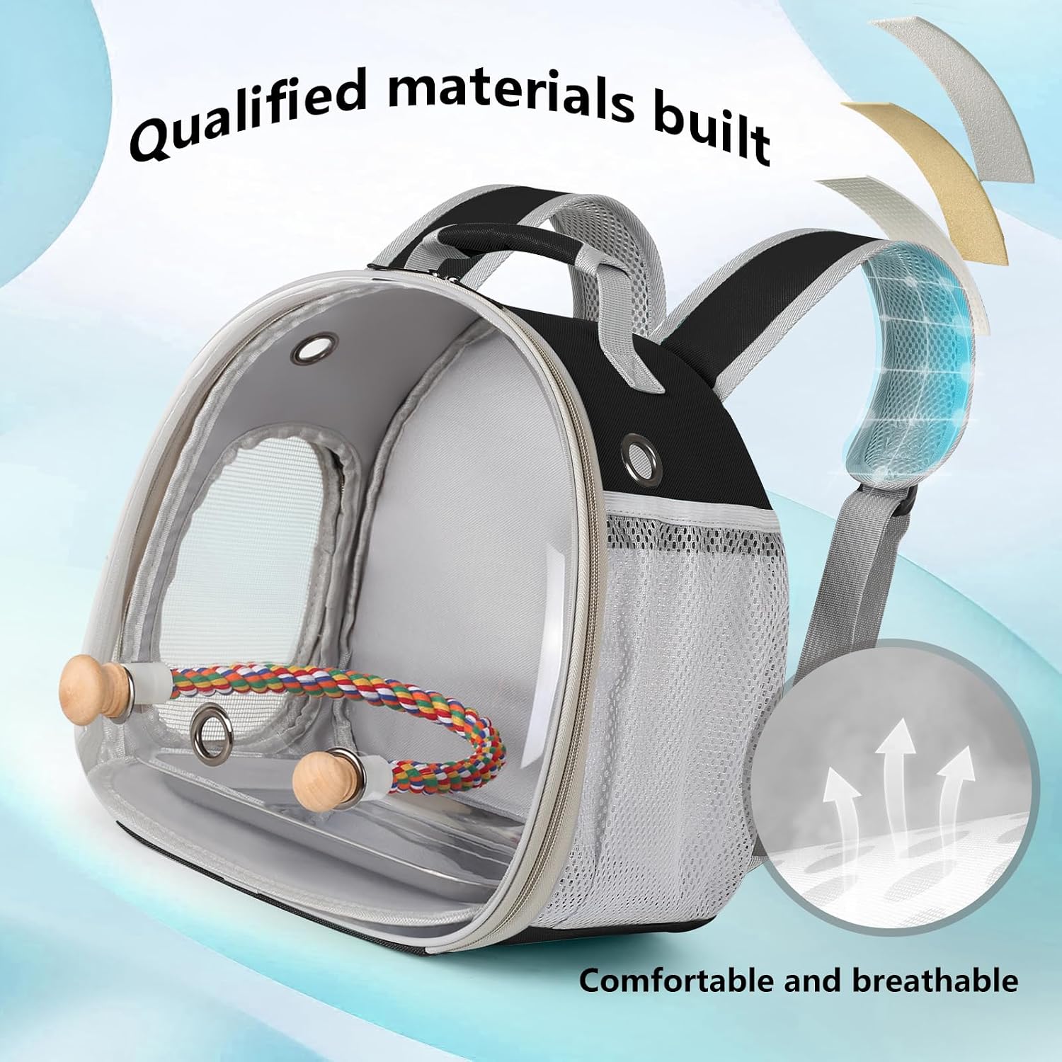 Small Bird Travel Backpack Carrier Cage, Backpack to Transport Backpack Carrier with Metal Tray Stand Perch for Parakeet Cockatiel Budgies Vet Carry Book Bag Black - Image 3