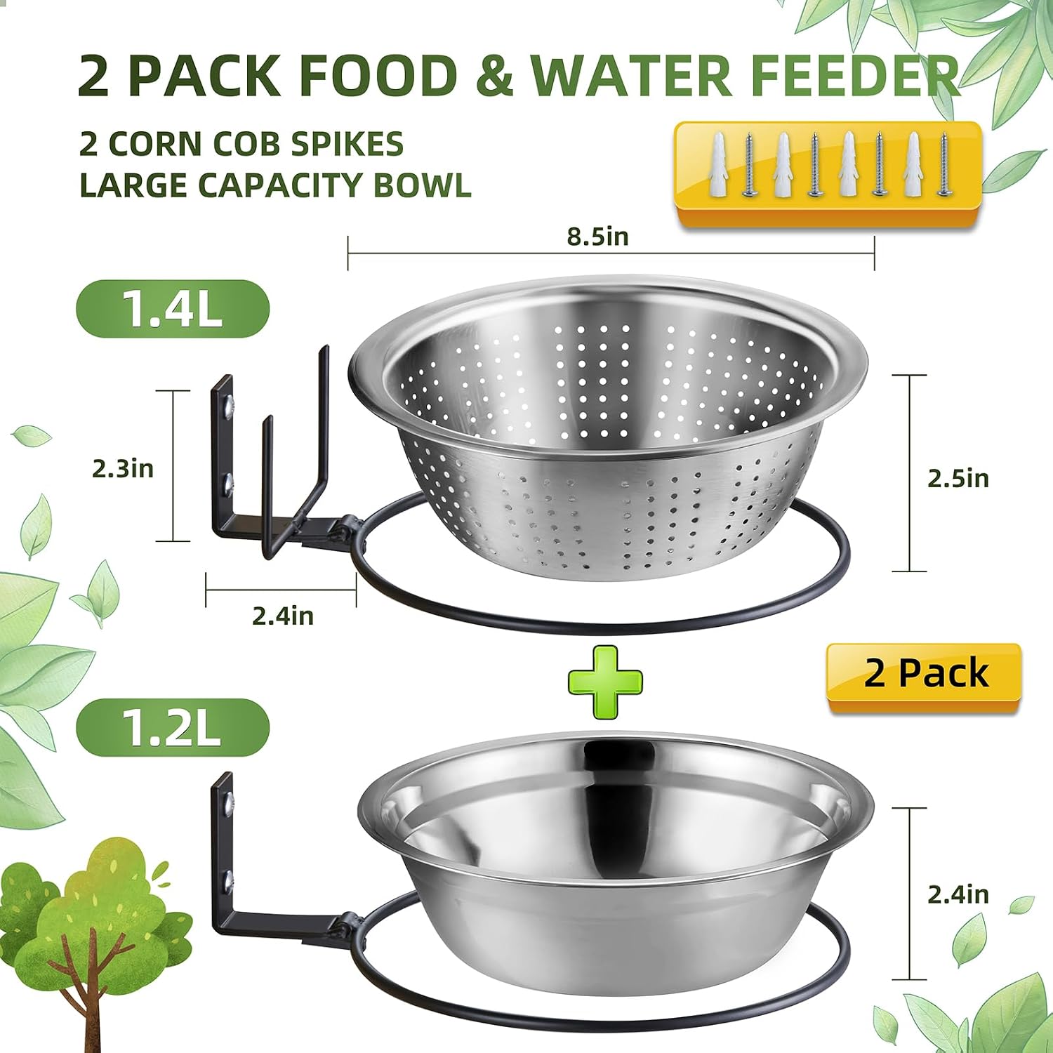 2 Pack 8.5"/1.4L Squirrel & Bird Feeder Combo - 1 Metal Food Bowl with Colander System + 1 Water/Bath/Swim Tray | Tree/Fence Mounted Perfect for Outside | Removable Easy Clean Wildlife Delight - Image 2
