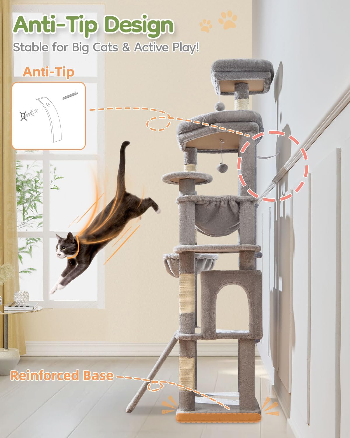 Taoqimiao 72 Inches Cat Tree for Large Cats, Multi-Level Tall Cat Tower, Widened Cat Condo with Large Scratch Board, 5 Scratching Posts, Metal Hammcock, Cozy Basket, Light Gray, MS045W - Image 8