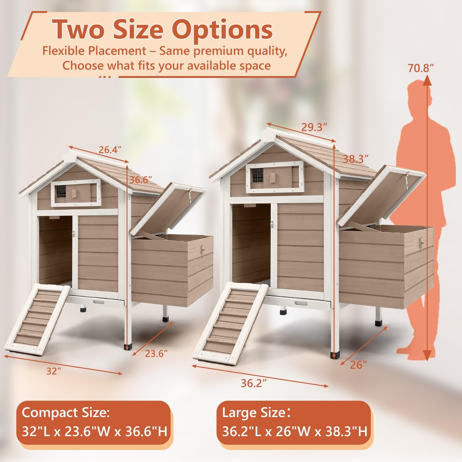 Chicken Coop Chicken House Outdoor with 2 Nesting Box, Wooden Hen Rabbit Pet House Hutch Poultry Cage with Removable Trays, Ramp (32" L x 23.6" W x 36.6" H) - Image 2