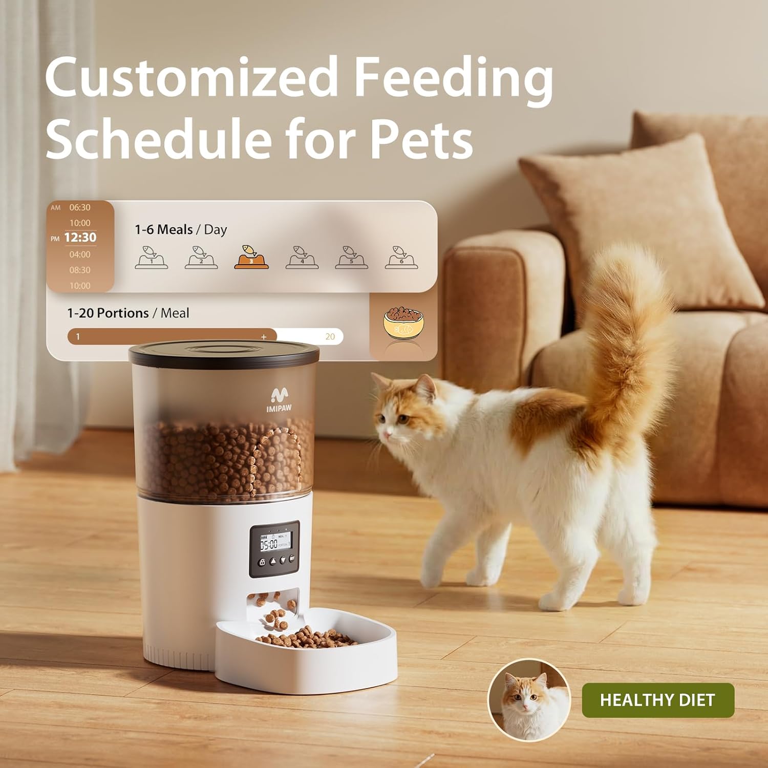 IMIPAW Automatic Cat Feeders, Timed Cat Dry Food Dispenser with Desiccant Bag, Dual Power Supply, Programmable Portion Size, 6 Meals, 20 Portions Per Day, Auto Pet Feeder for Cats and Small Dog, White - Image 2