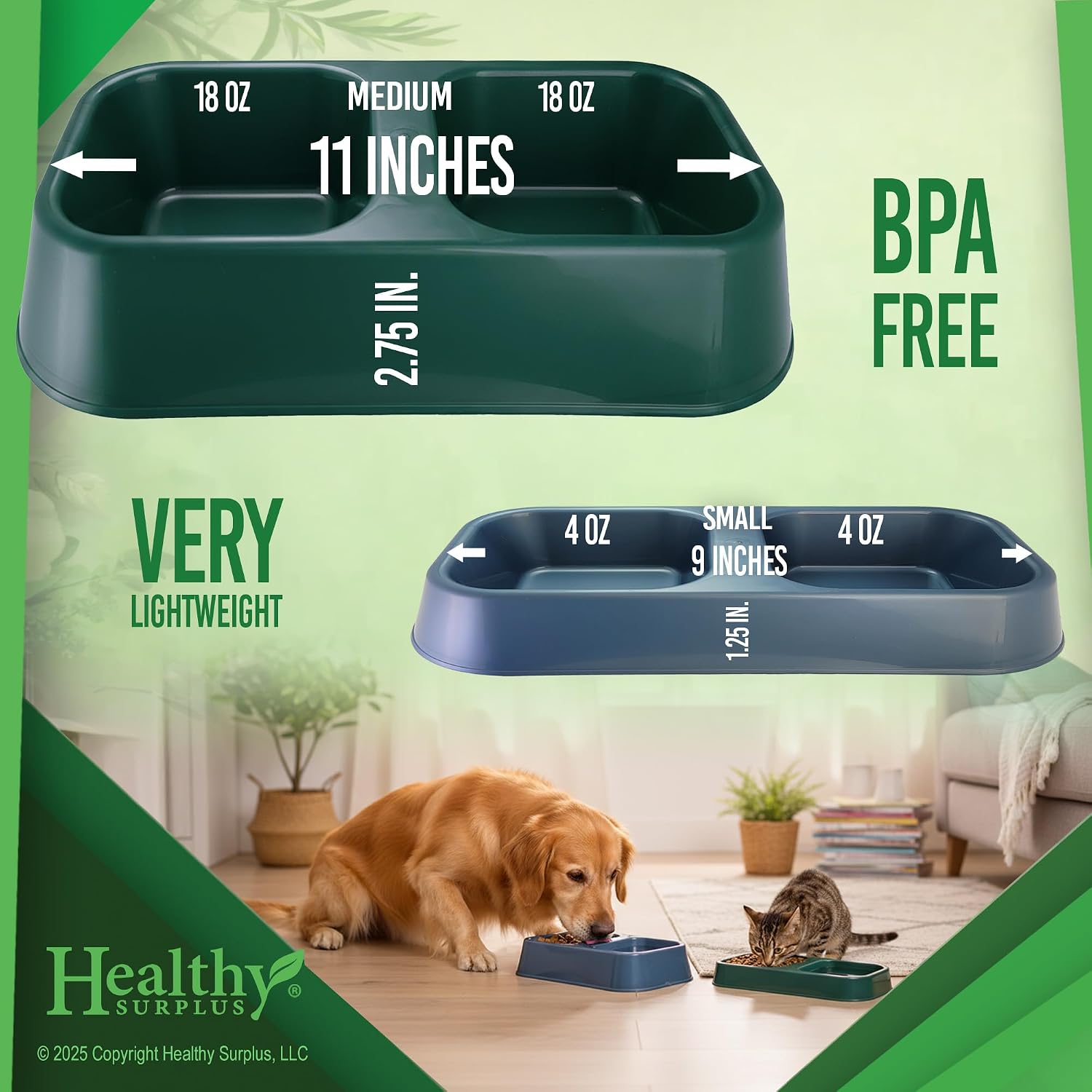 Lightweight BPA-Free Pet Feeder Bowl - Double Dish (16oz Each Side) for Dog & Cat Food & Water | Durable Plastic, Easy Clean, Made in USA (Red, Medium) - Image 2