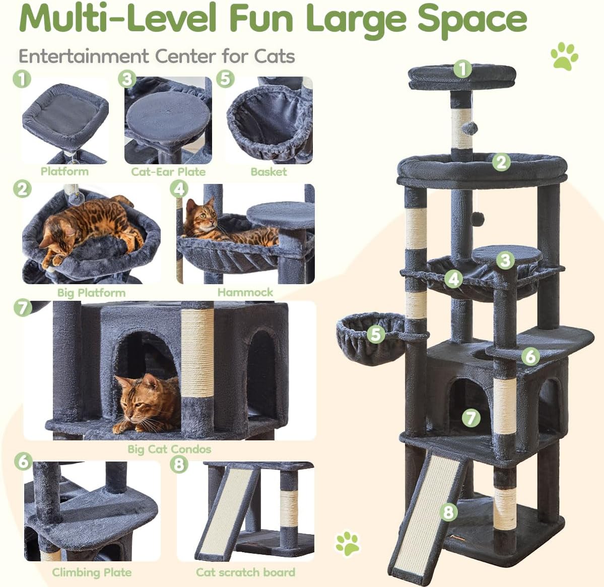 Taoqimiao 72 Inches Cat Tree for Large Cats, Multi-Level Tall Cat Tower, Widened Cat Condo with Large Scratch Board, 5 Scratching Posts, Metal Hammcock, Cozy Basket, Smoky Gray, MS045G - Image 2