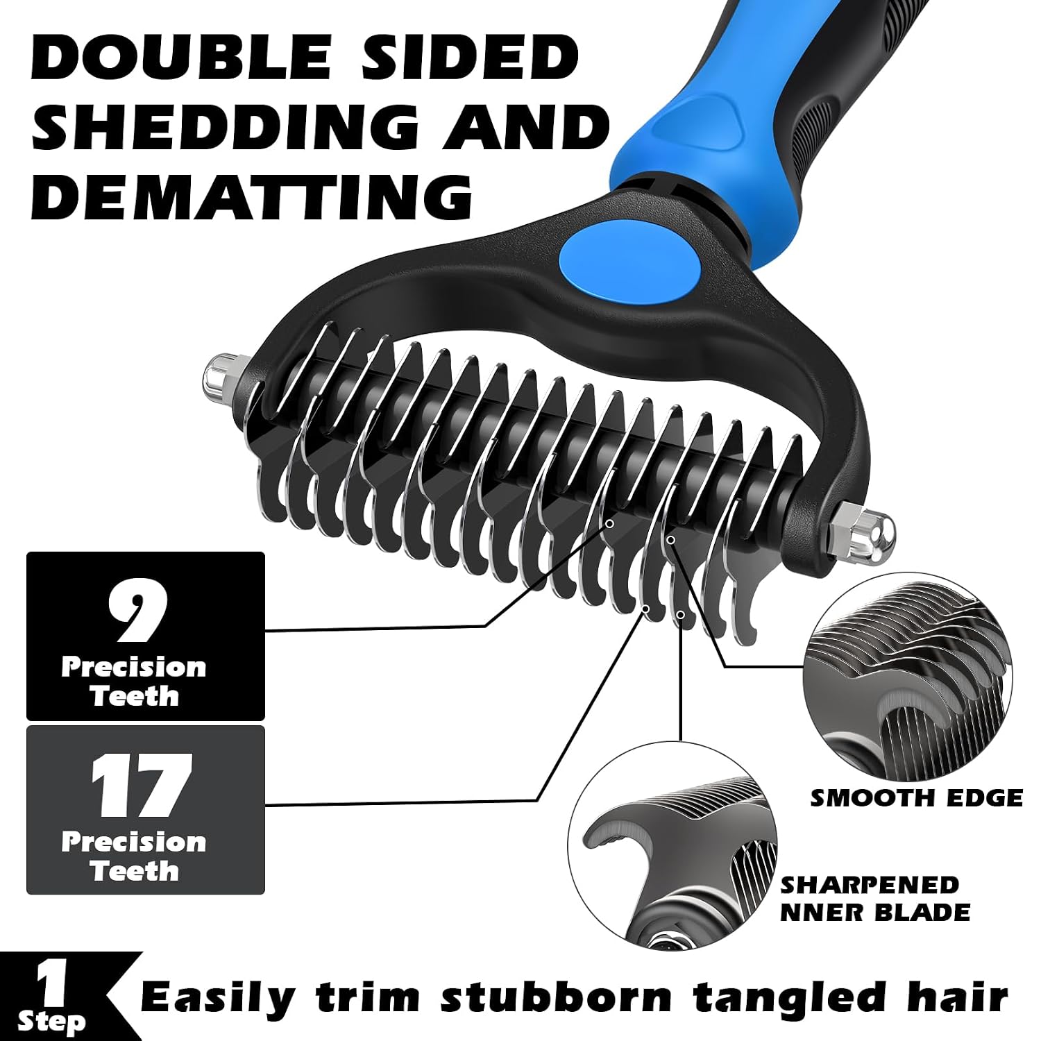 Professional 3PCS Self Cleaning Slicker Brush & Pet Grooming Rake & Flea Comb for Dogs,Cats and Horses | Double-Sided Dematting Comb & Skin Friendly Deshedding Grooming Tool | Pet Supplies (Blue) - Image 2
