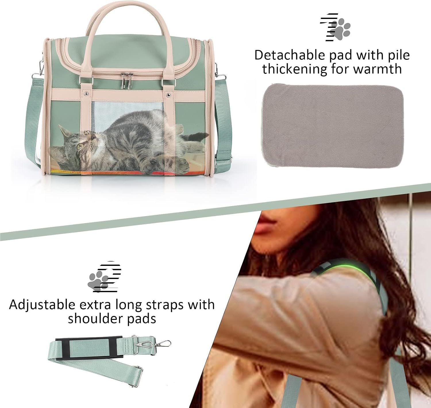 Luxury Mint Green PU Leather Pet Carrier Bag, Airline Compliant Portable Travel Crate with Breathable Mesh Panels & Shoulder Strap for Cats Small Dogs Travel & Vet Use - Image 8