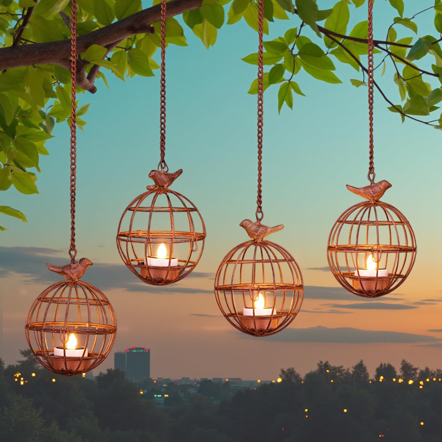 Outdoor Solar Hanging Lantern Lights, 4 Pack Rustic Ball Birdcage Hanging Candle Holder with Solar Tea Lights, Outdoor Waterproof Decorations for Patio, Backyard, Pergola, Tree Decor (Dark Orange)