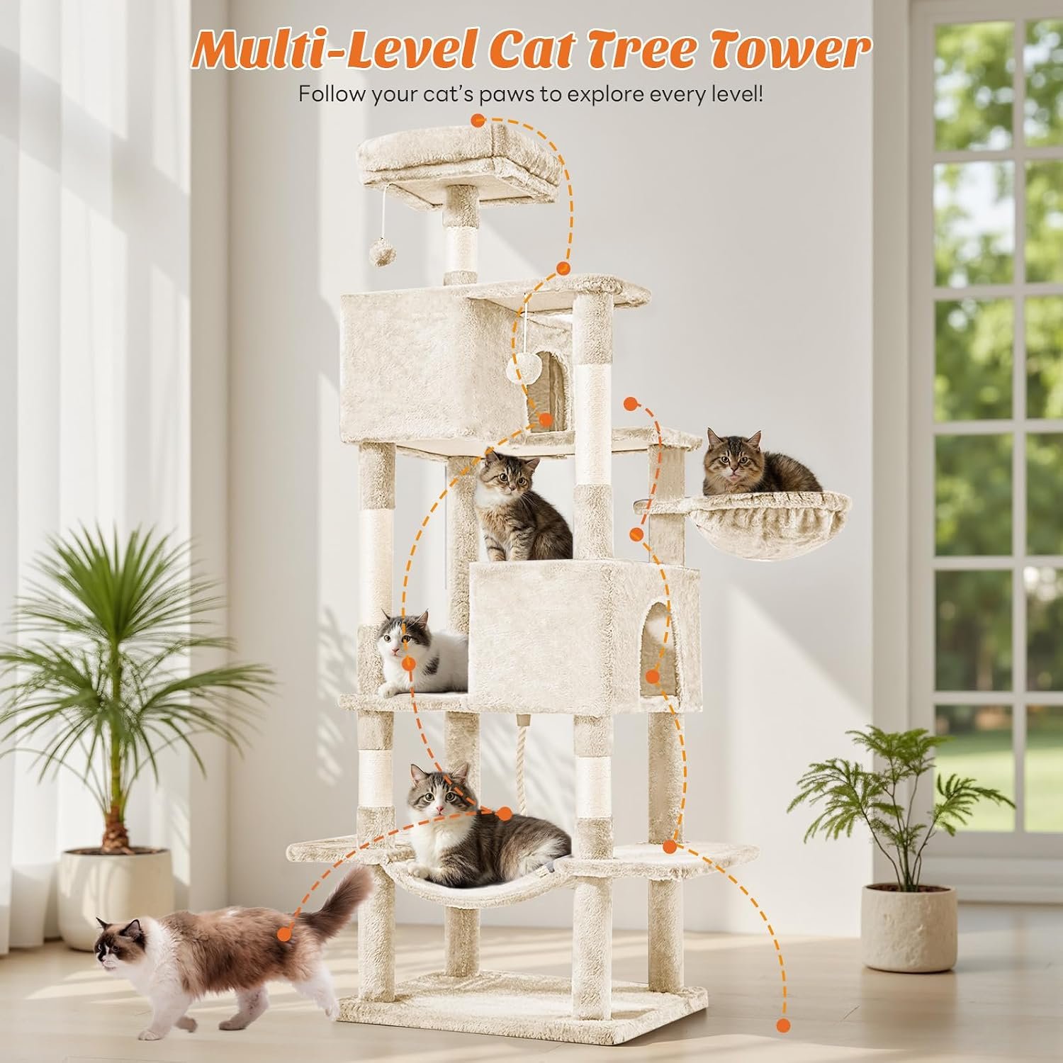 DUMOS Large 66 Inch Cat Tree Tower with Scratching Posts, Indoor Use | Tall Multi Level Cat Climbing Tower with Hammock, Pet Condo for Cats and Kittens Play, Beige - Image 5