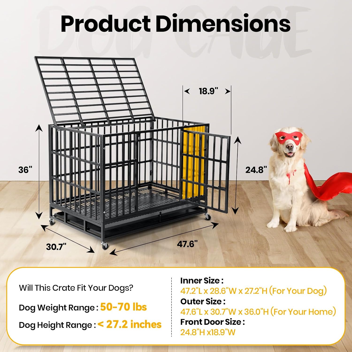 Oranland 48 inch Heavy Duty Indestructible Dog Crate,New Upgraded Escape Proof Reinforced Baseplate for Large Dogs,XL Dog Crate for High Anxiety Dogs/Max Load Capacity 300lbs/Double Door with Wheels - Image 3