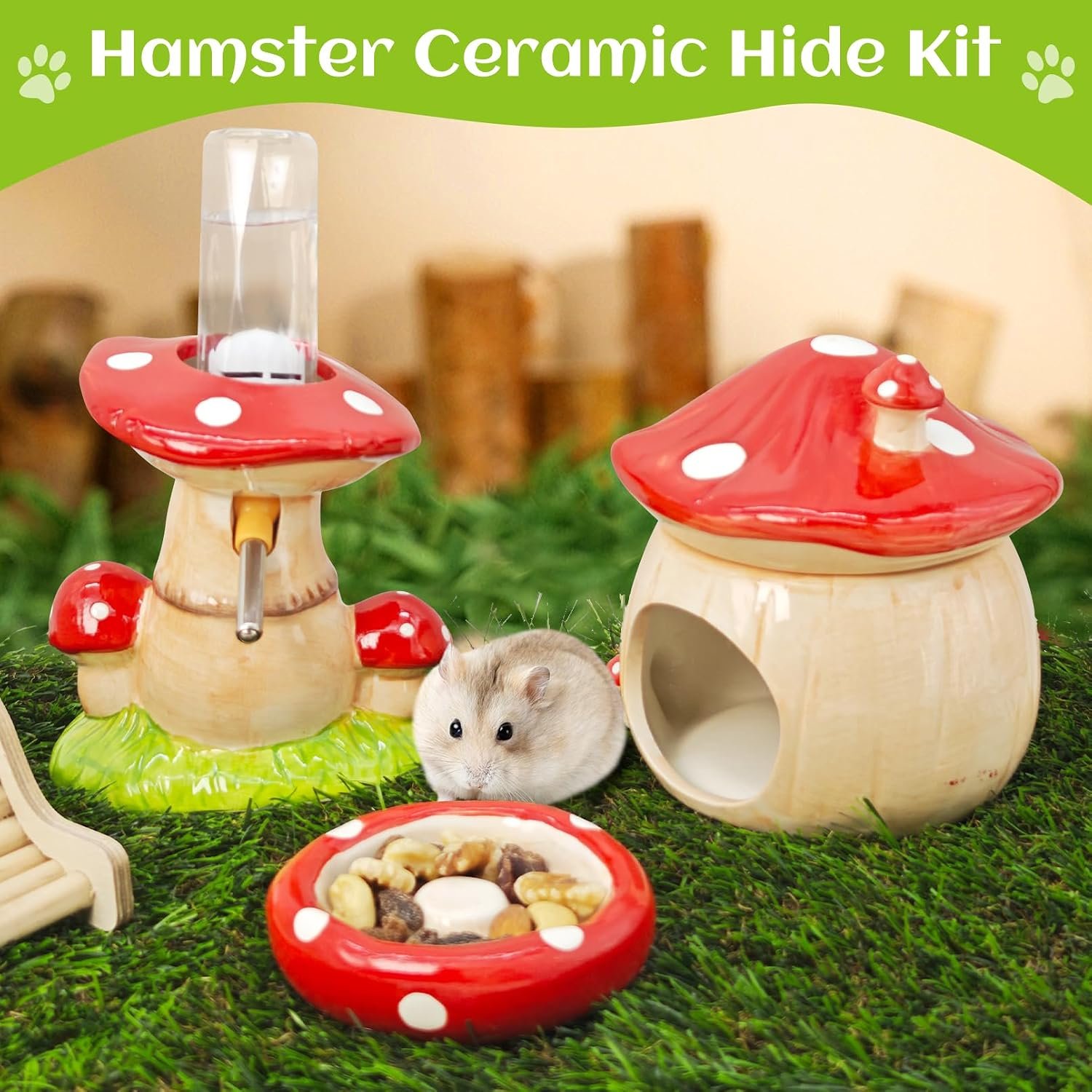 BNOSDM 3-in-1 Ceramic Hamster Hideout, Food Bowl, Water Bottle with Stand - Mushroom Shape - Red - Image 3