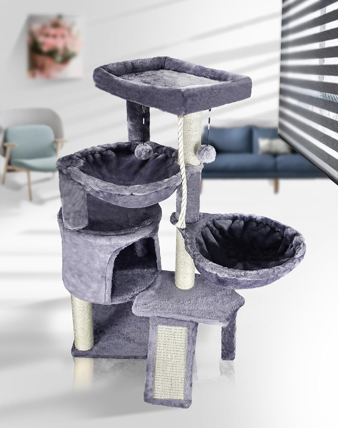 Three Layer Cat Tree with Cat Condo Scratch Pad and Two Hammocks,Grey | 3-Tier Cat Tree,Natural Sisal,Replaceable Hanging Balls,Sturdy Cat Furniture for Kitten&Adult Cat - Image 9