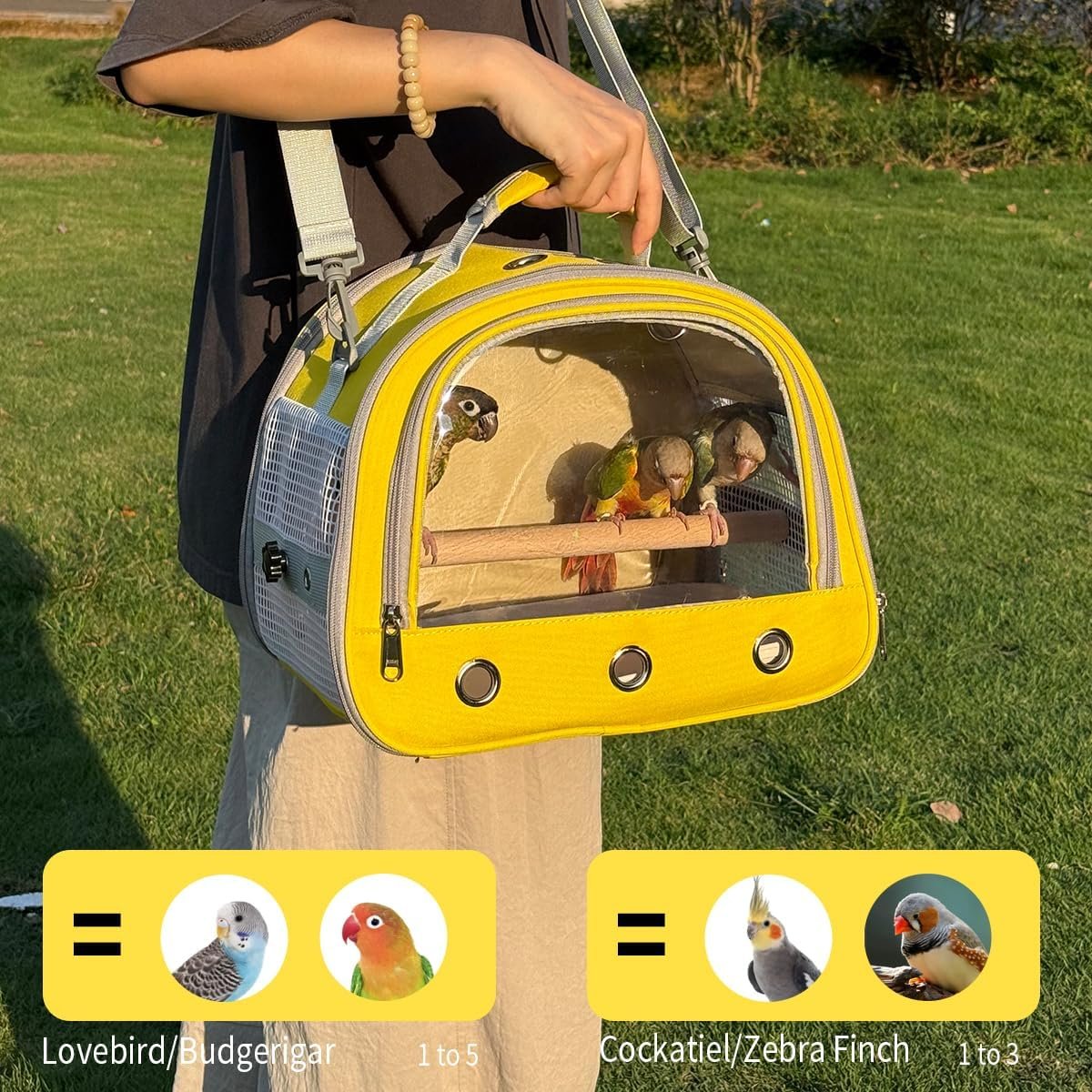 Bird Carrier,Bird Cage Parakeet Parrot Budgie Carrier Backpack for Small Birds, Travel Bird Cages with Perch, Transparent Ventilation Cockatiels, Lightweight Pet Carrier for Outdoor Use(Yellow) - Image 5