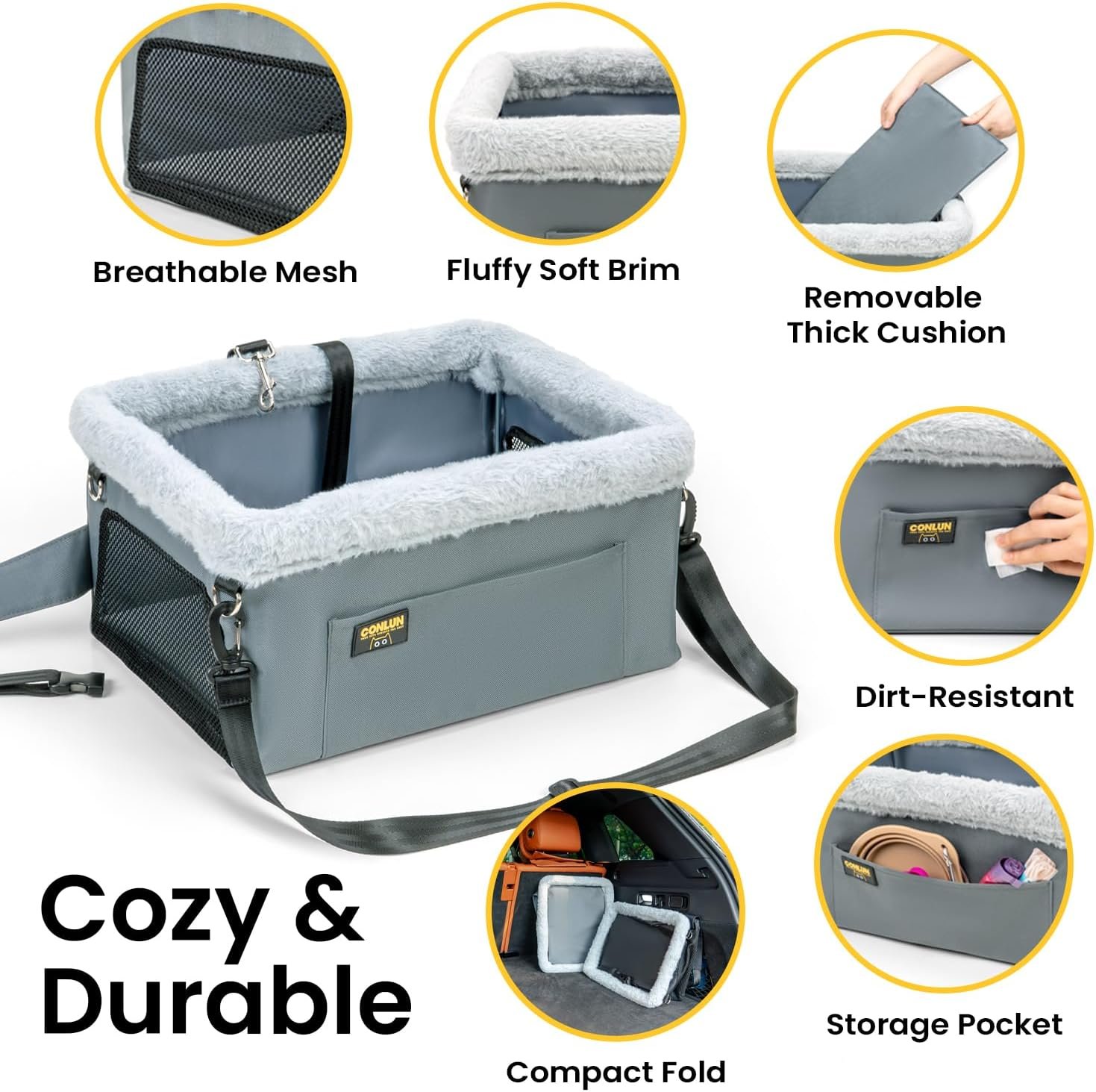 Conlun Dog Car Seat Booster | Steel Frame Anti-Collapse | Small Pet | Grey | Heavy-duty Oxford | Rigid Skeleton Stops Wobbling | Leash Prevents Escapes | Elevated Pet Booster for Calm Car Trips - Image 5