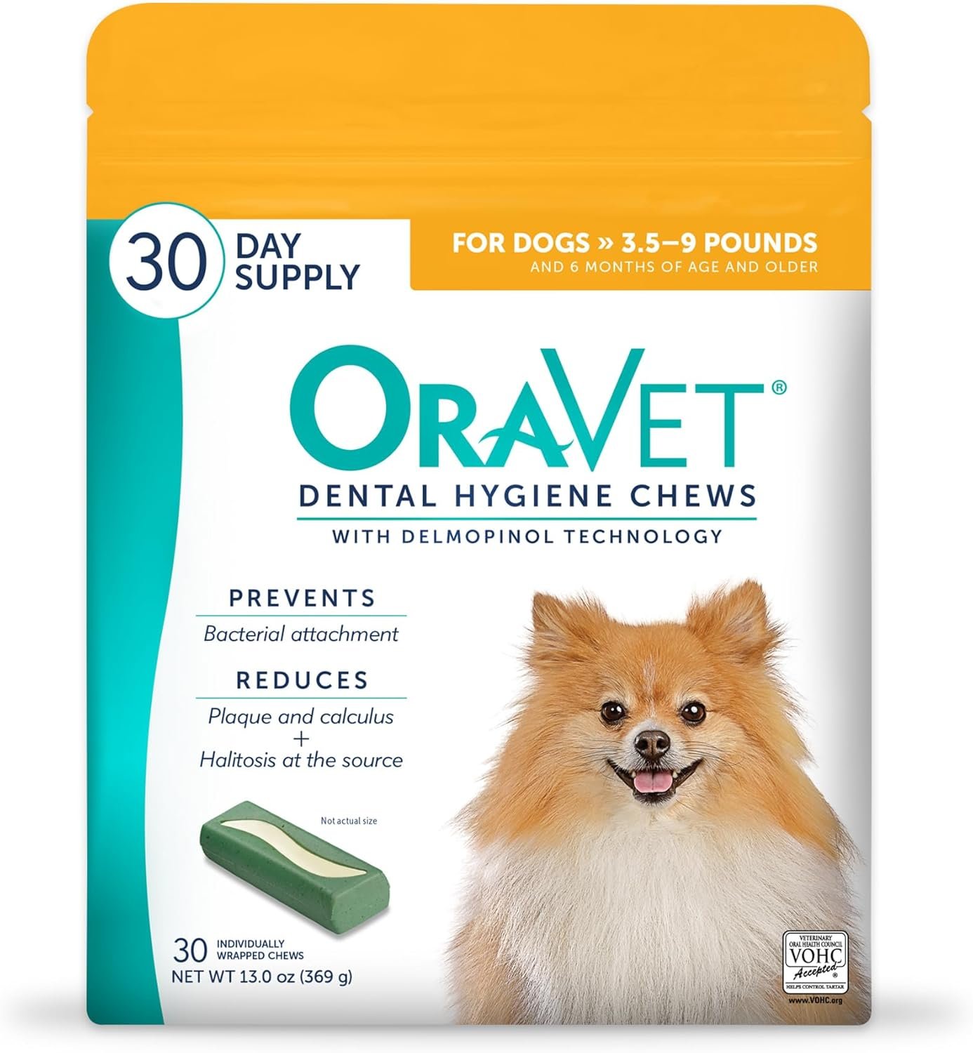OraVet Dental Chews for Dogs, Oral Care and Hygiene Chews (Extra Small Dogs, 3.5-9 lbs.) Yellow Pouch, 30 Count | VOHC-accepted dual-action chew reduces plaque & tartar, freshens breath barrier vet-recommended yellow 30 pack