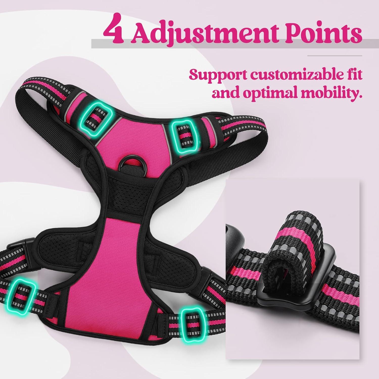 rabbitgoo Dog Harness No Pull with 2 Leash Clips, Adjustable Soft Padded, Reflective Oxford No Choke Pet Vest with Easy Control Handle for Large Dogs, Hot Pink, L - Image 4