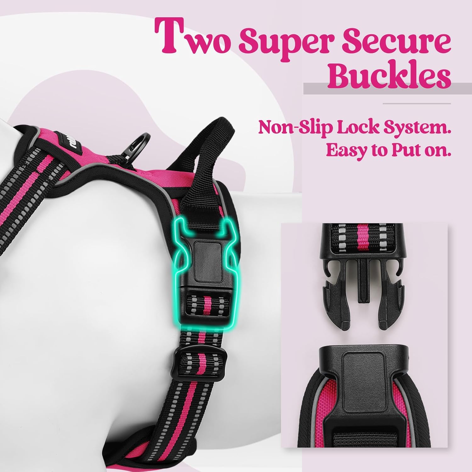 rabbitgoo Dog Harness No Pull with 2 Leash Clips, Adjustable Soft Padded, Reflective Oxford No Choke Pet Vest with Easy Control Handle for Large Dogs, Hot Pink, L - Image 3