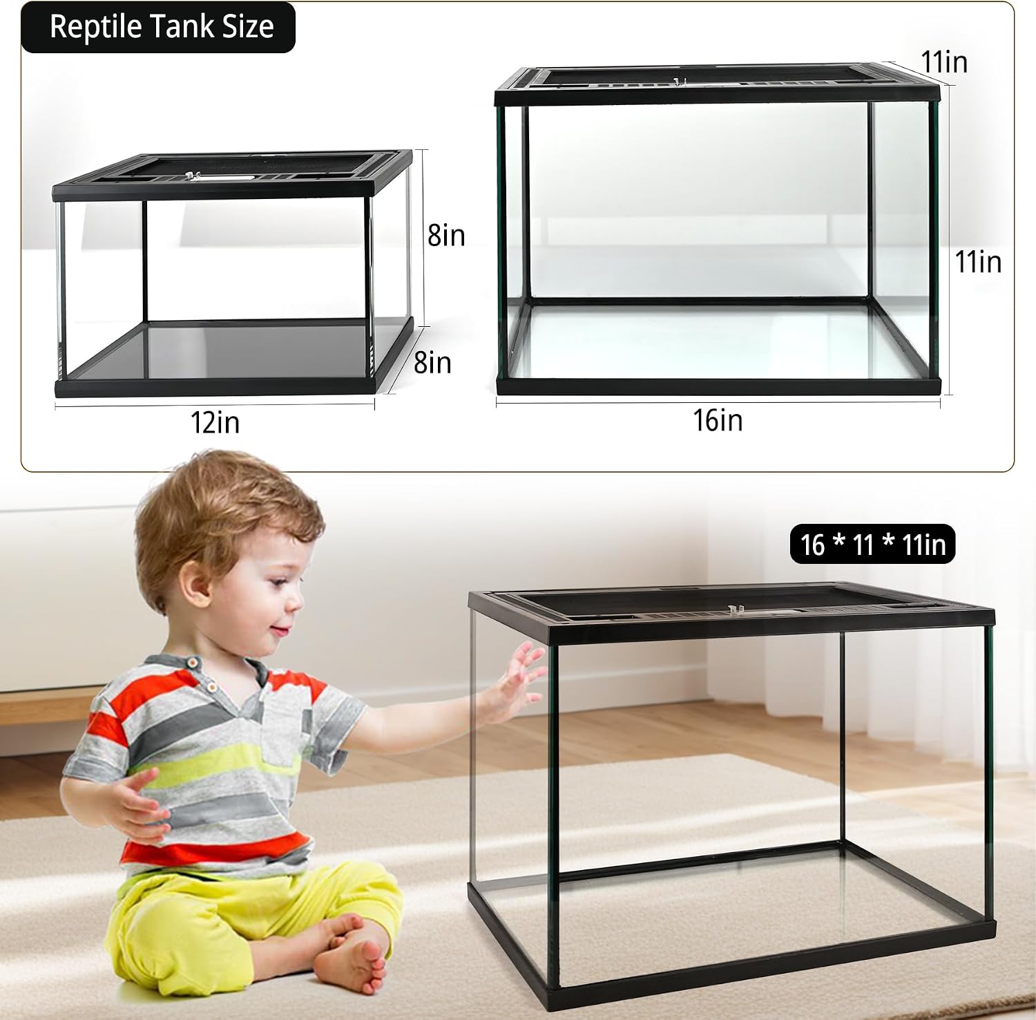 Reptile Glass Tank Starter Kit 16"x11"x11" Full View Reptile Terrarium for Leopard Gecko,Tarantula,Lizards,Spiders, Hermit Crabs,Frogs,Snake and Fish with Tank Accessories and Top Openning Door - Image 2