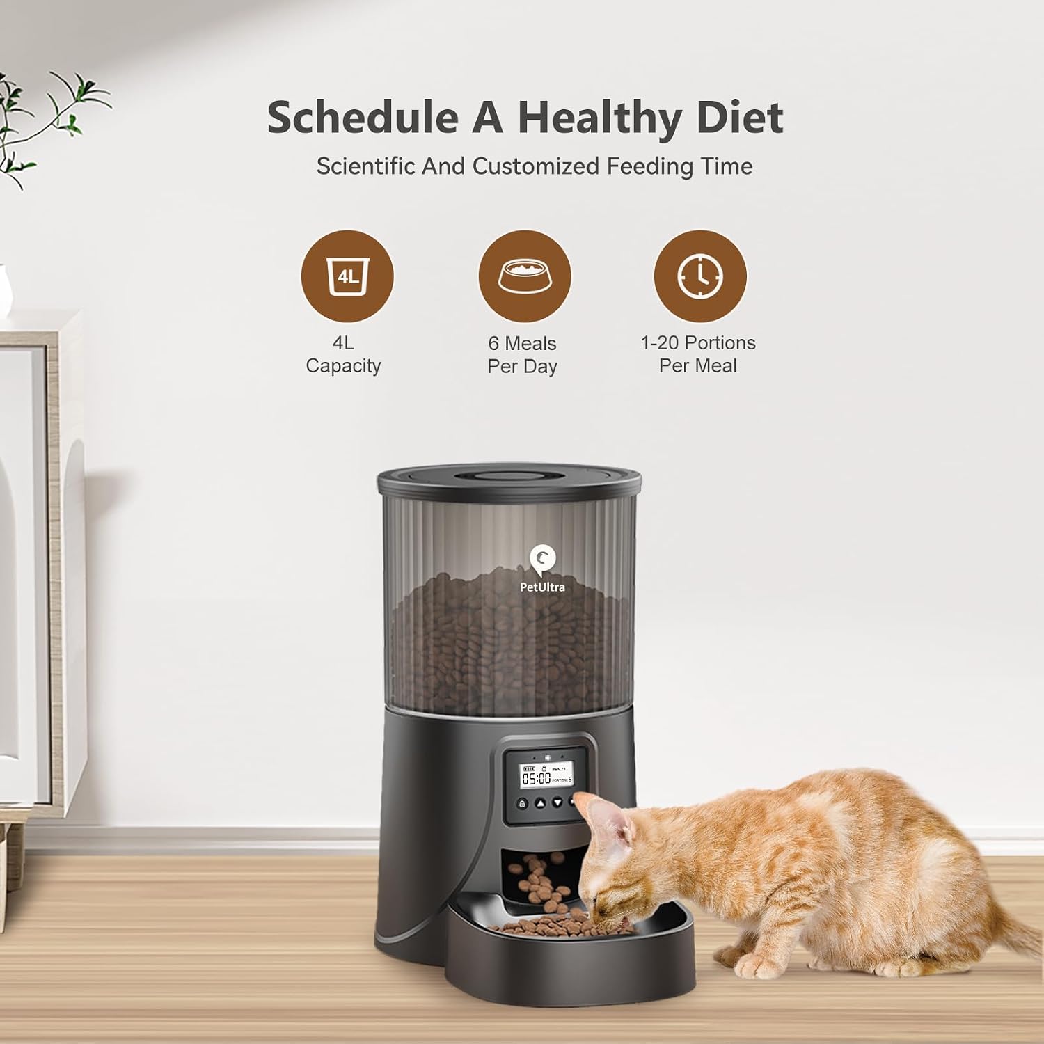 PETULTRA Automatic Cat Feeder: 4L Timed Cats Food Dispenser Programmable 1-6 Meal for Cat and Small Medium Dog- Auto Pet Feeder Easy to Set Up Dual Power Supply with Desiccant Bag| Detachable Washable - Image 3
