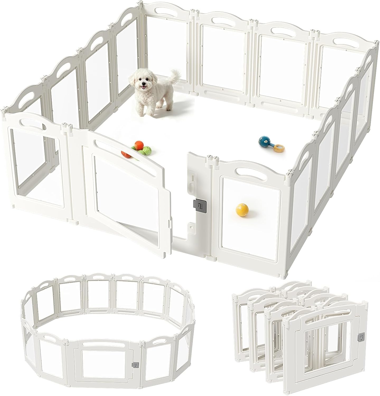Foldable Clear Acrylic Dog Playpen with Door, 23.6" Acrylic Puppy Playpen, Easy Assemble Indoor Pet Fence with White Frame, Clear Dog Playpen for Puppies & Animal (White, 23.6‘H, 12 Panels + 1 Door)