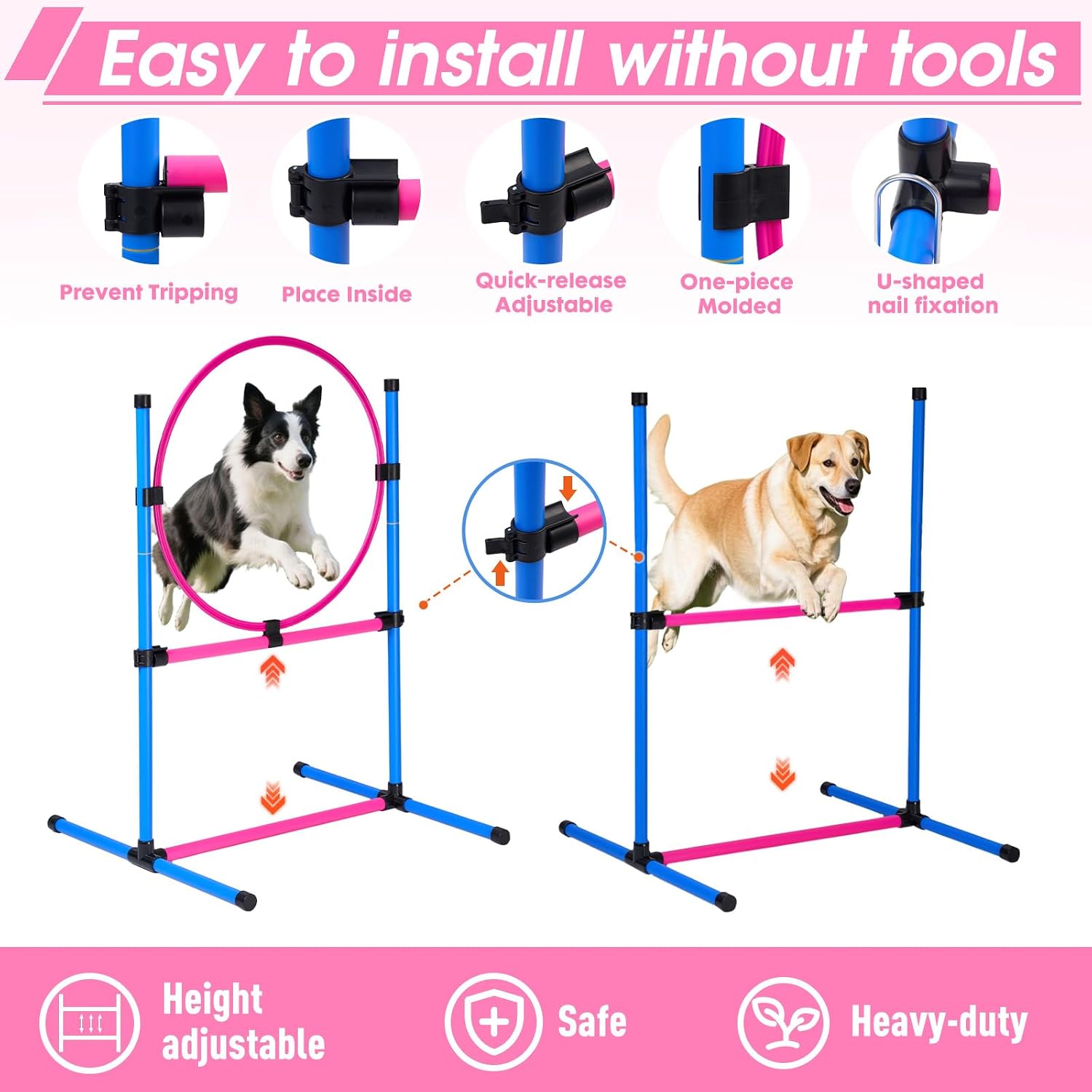 Dog Agility Course Backyard Set, Dog Agility Equipment, Pet obstacle Course Backyard with 6 Dual Mode Weave Poles, 2 Adjustable Hurdle, Jump Ring, Tunnel, Pause Box, Toy Balls and 2 Carrying Bags,Pink - Image 4